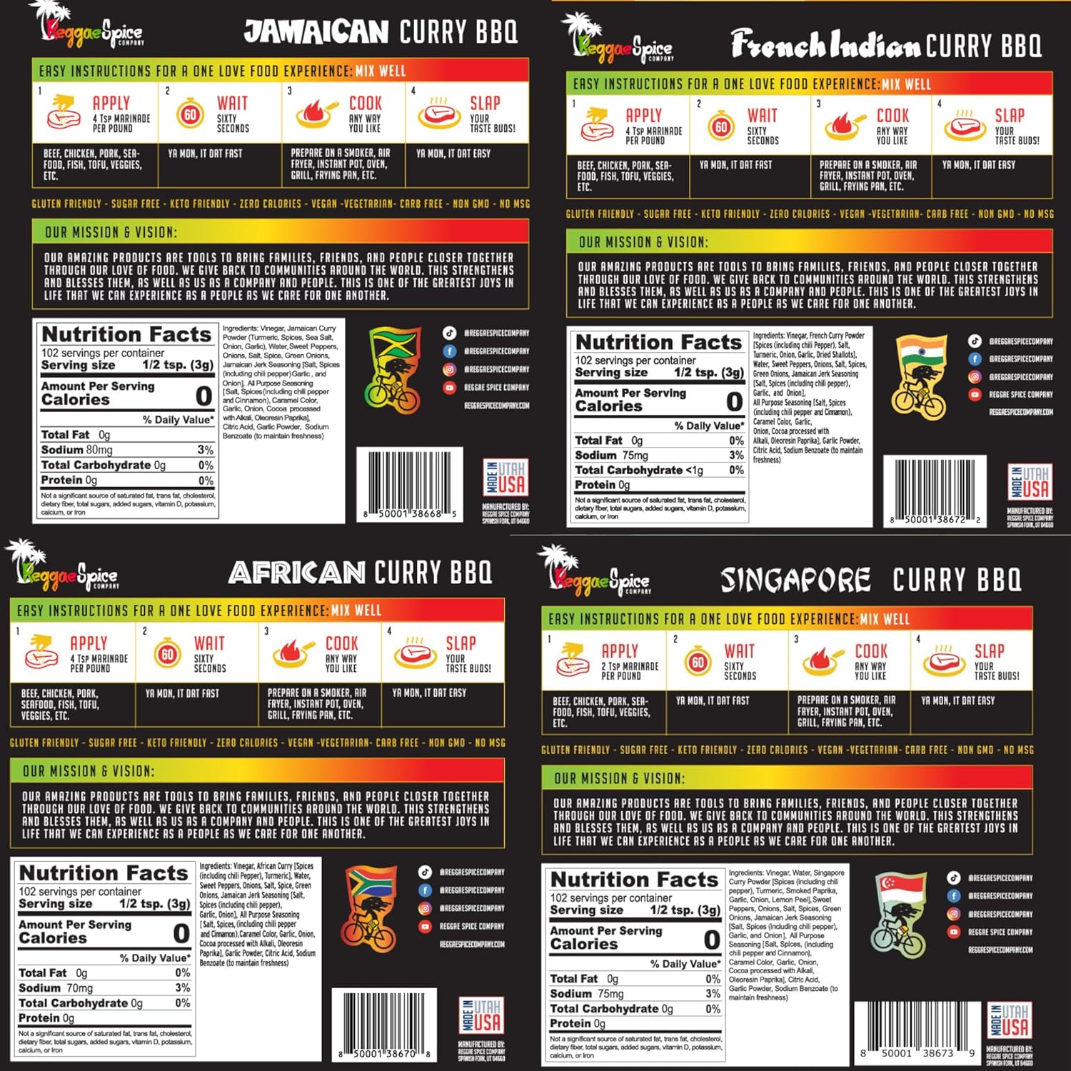 Reggae Spice Curry BBQ Marinade Variety 4-Pack, Sweet & Sassy Flavors | 60-Second Authentic Wet Rub Seasoning Sauce for Cooking Meats, Chicken, Beef, Pork, Seafood | Gluten Free, Vegan, and Keto Friendly