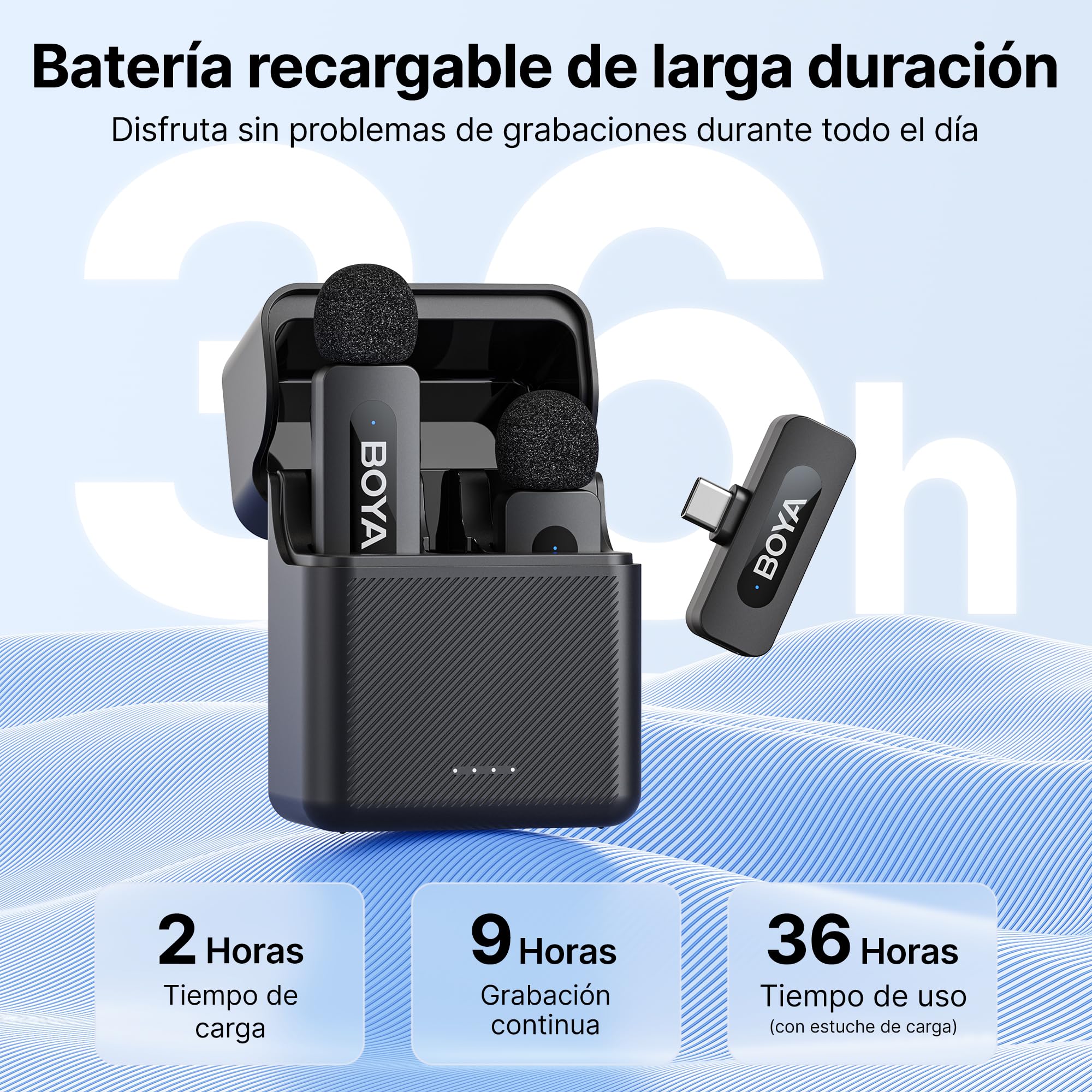 BOYA BY-V30 - Micrófono Lavalier inalámbrico para iPhone/Android/PC/portátil con Puerto USB-C, batería de 36 Horas de duración con Funda de Carga, Clip de cancelación de Ruido, micrófono de Solapa