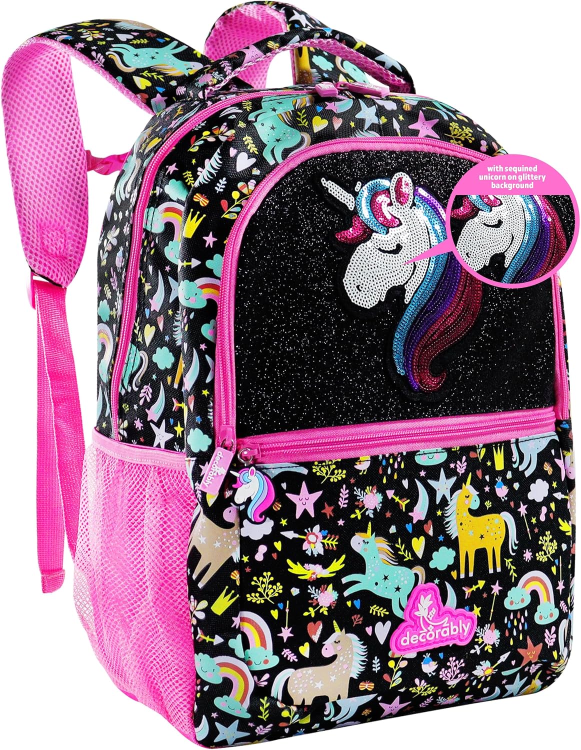 Decorably 16.5in Sequined Glittery Unicorn Backpack for School Girls with Head Patch Design, Multi-Compartment Preschool Kids Bag with Padded Straps and Back, 3 Main Compartments Decorably 16.5in Sequined Glittery Unicorn Backpack for School Girls with Head Patch Design, Multi-Compartment Preschool Kids Bag with Padded Straps and Back, 3 Main Compartments
