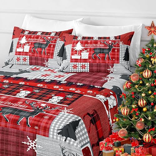 Miniatura 7 de HCORA Sábanas de Navidad tamaño King, diseño a cuadros, lujosas sábanas de microfibra cepillada de 90 GSM, sábanas transpirables para cama tamaño