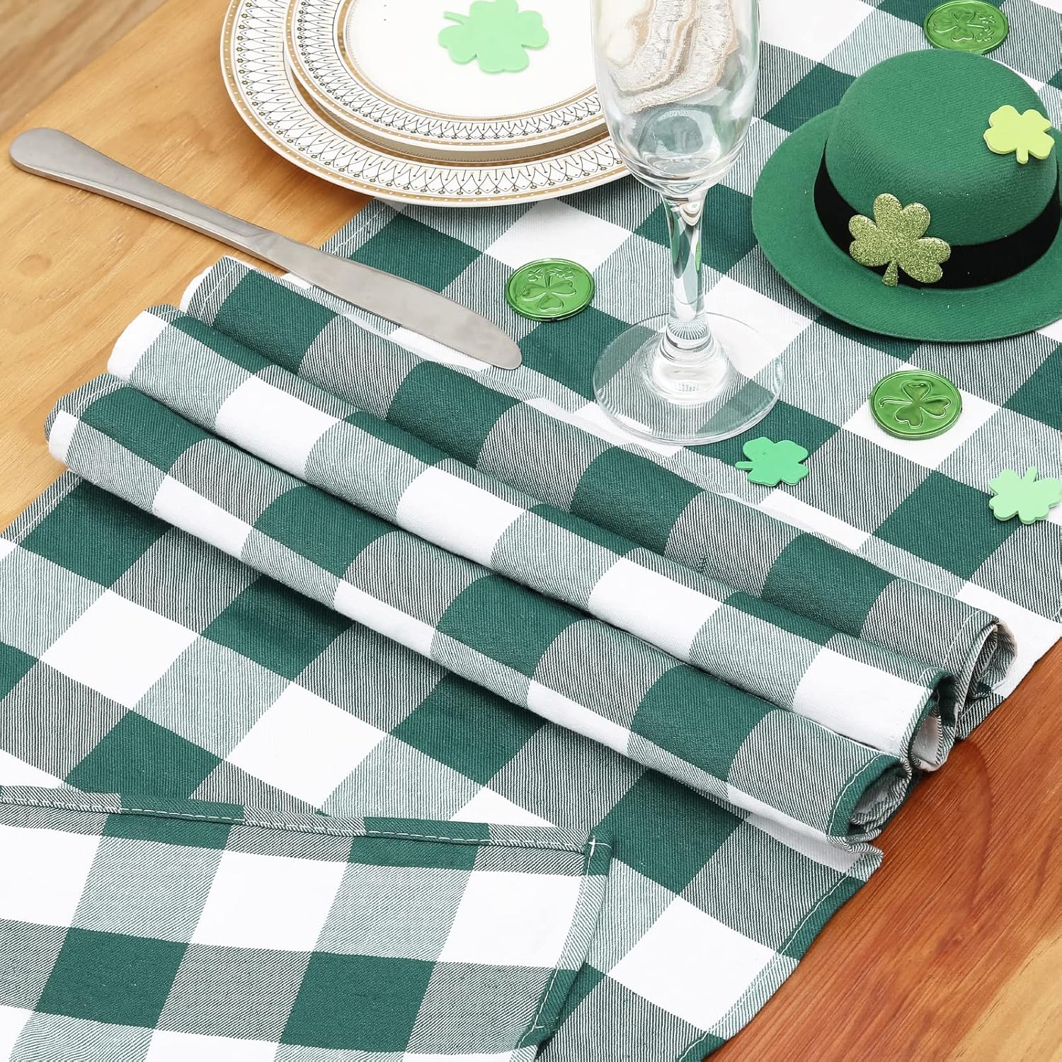 Green Plaid Table Runner 2 Packs 13 x 84 inch Buffalo Check Table Runner St. Patrick's Day Cotton Dresser Scarves for Home Party Dinner Gatherings Decorations