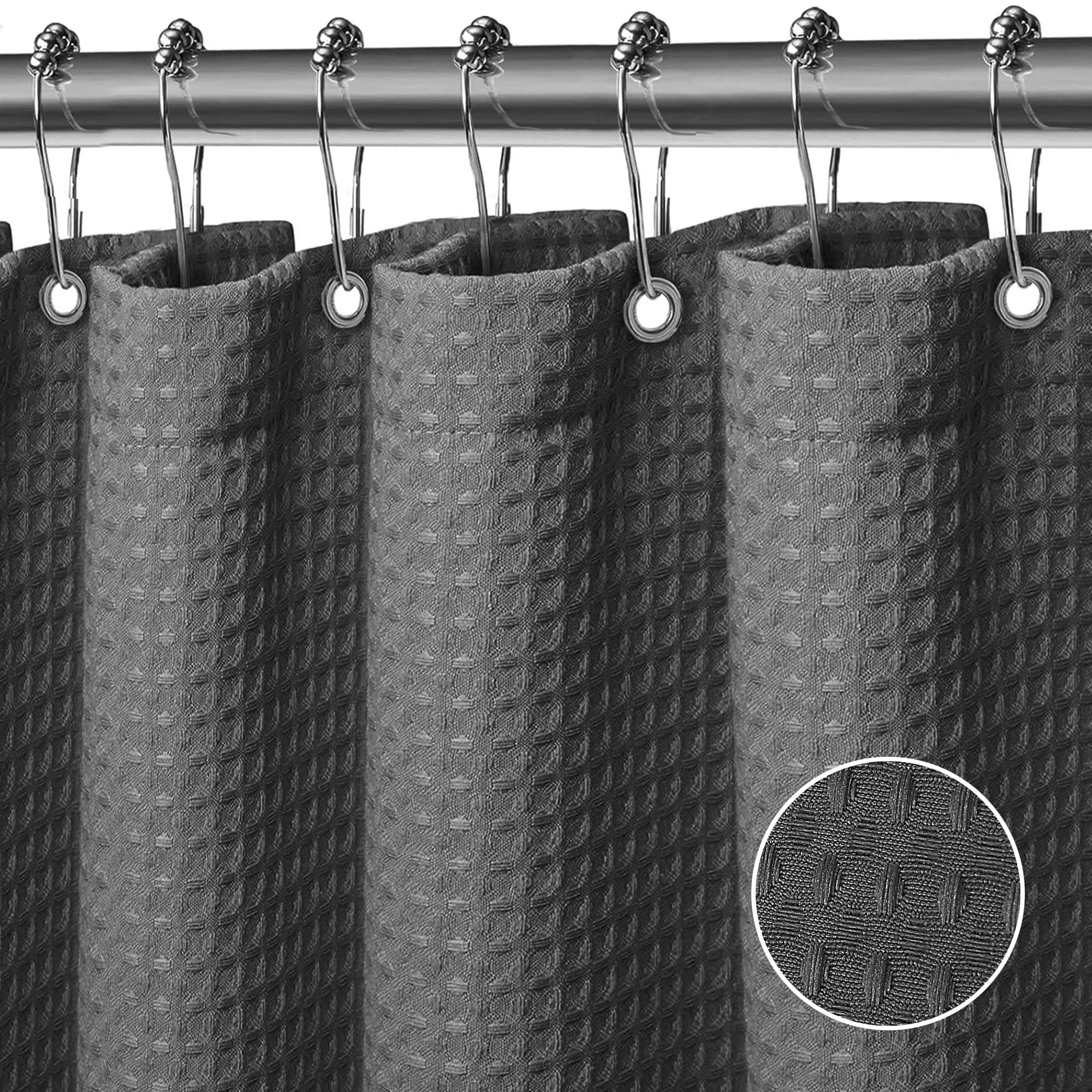 FIISAYL Waffel Duschvorhang Shower Curtains mit Magnet Waschbar Textil Polyester Stoff Bad Vorhang mit 12 Duschvorhangringe Wasserdicht für Dusche und Badewanne 183 x 198 cm(Dunkelgrau)