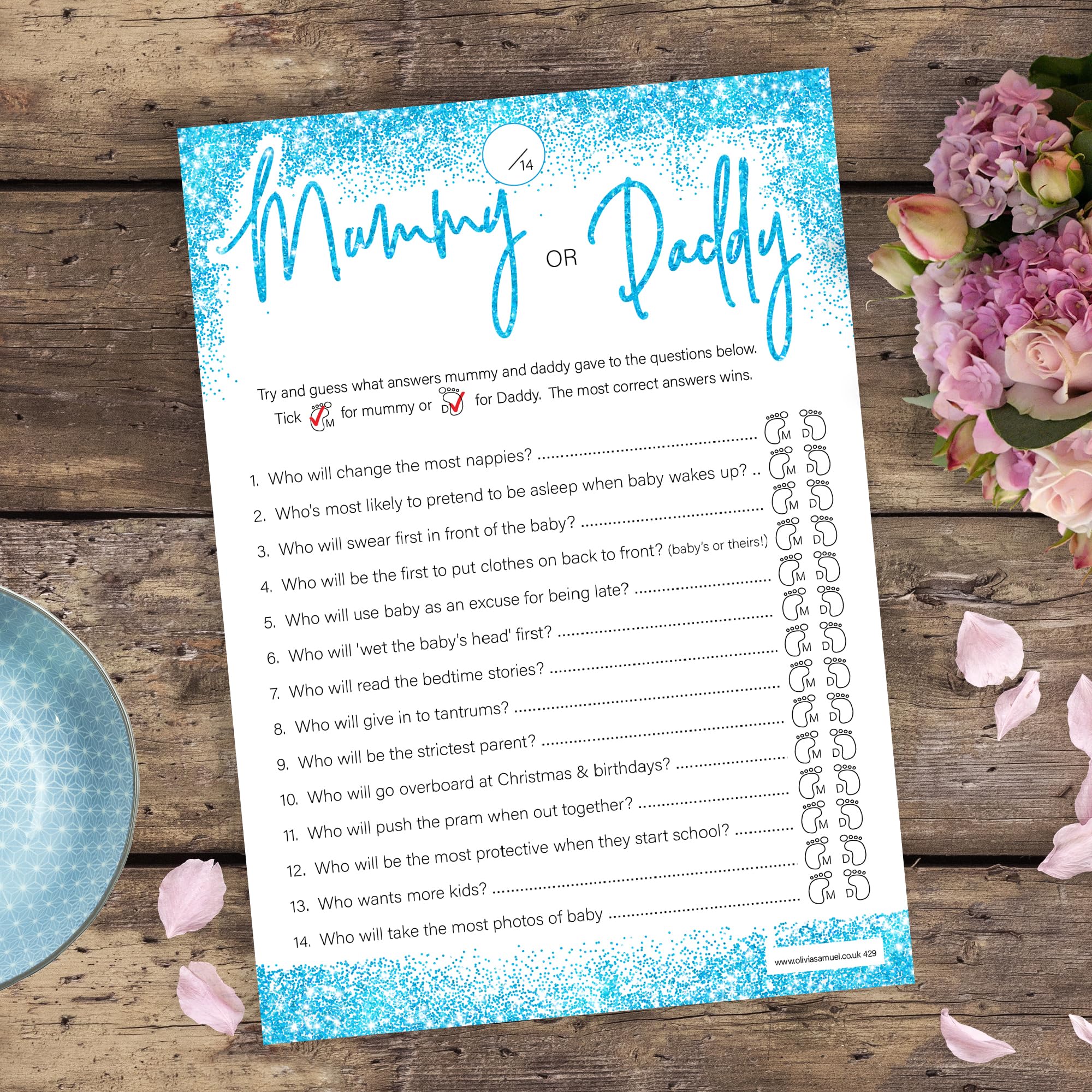 20x Mama/Papa Babyparty-Spielkarten – Blaues Glitzer-Design Für Jungen