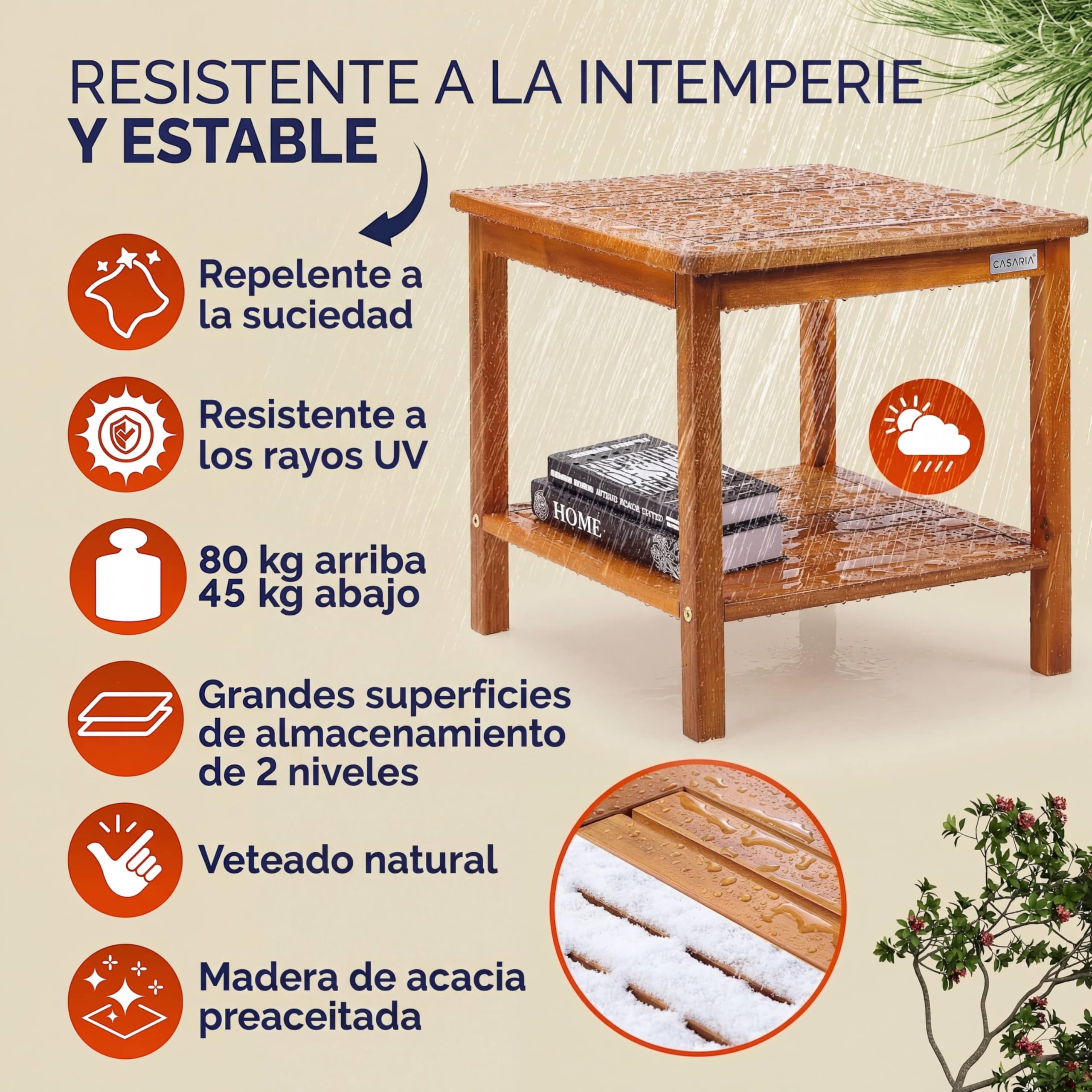 Casaria® Mesa Auxiliar Madera Acacia 2 Estantes Mesita Jardín 45x45x45cm Resistente Intemperie Capacidad Carga hasta 80 Kg Mueble Exterior Interior Terraza Balcón