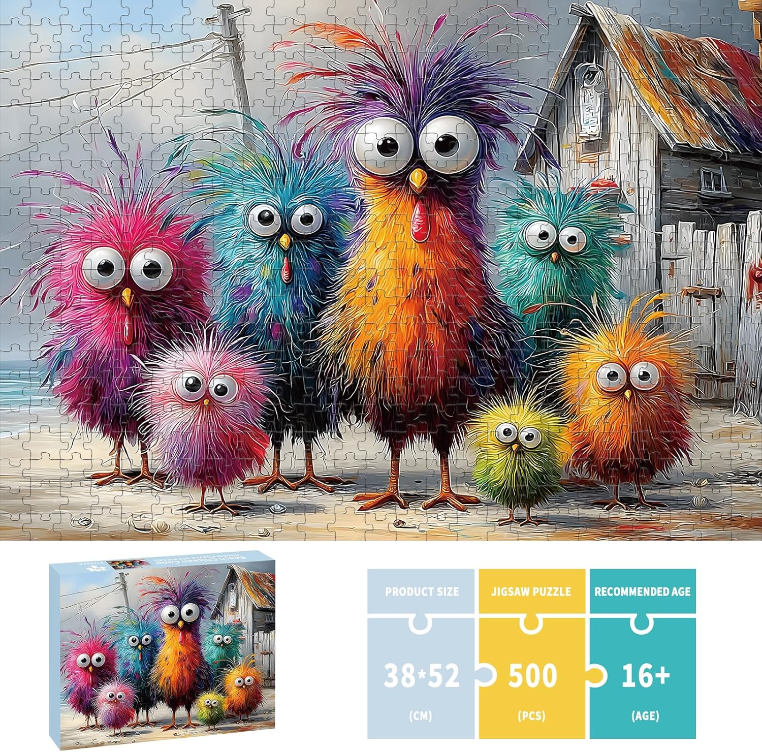 Puzzles for Adults 500 Pieces, Chicken Jigsaw Puzzles - Beach Chicken Coop, Impossible Beach Puzzles for Seniors Family, 20.47x14.96 inches, 1:1 Poster, Letter on The Back