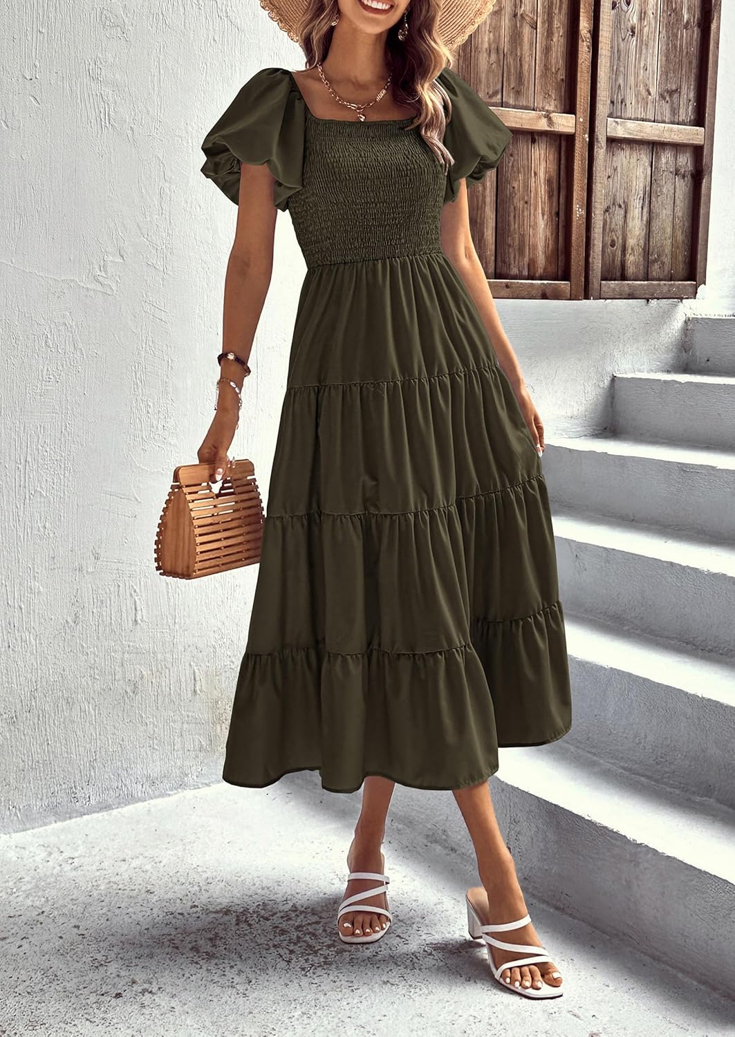 PRETTYGARDEN Women's Casual Summer Midi Dress Puffy Short Sleeve Square Neck Smocked Tiered Ruffle Dresses - Image 5