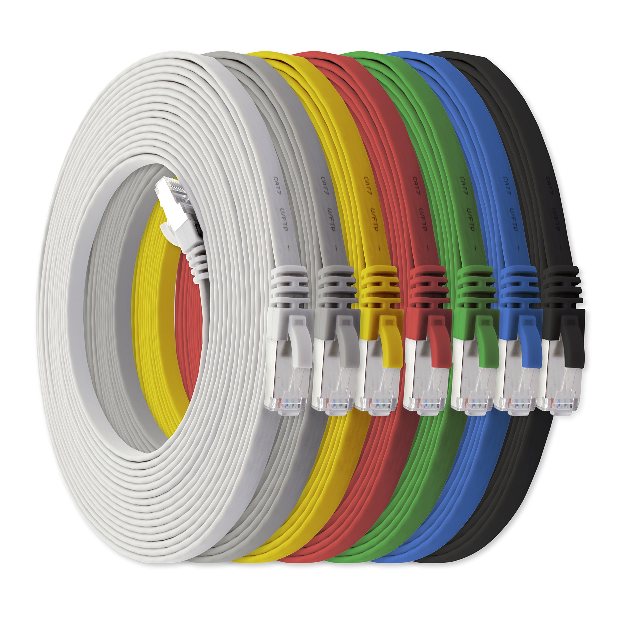 1aTTack.de 7,5m - 7-Farben - 7 Stück Cat7 Flachkabel Netzwerkkabel Cat 7 Rohkabel Gigabit Lan (10Gbit/s) Flachbandkabel Verlegekabel Patchkabel Flach Slim Rj 45 Stecker Cat6a