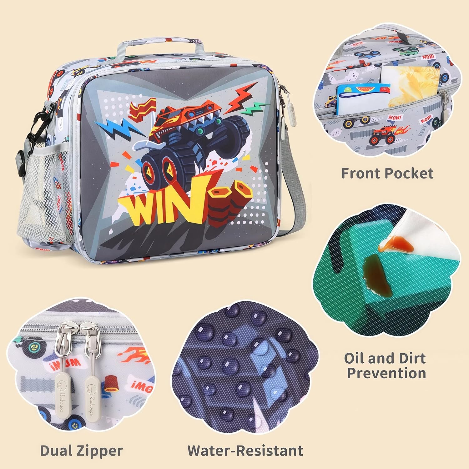 rockpapa Kids Lunch Box Set with 14oz Insulated Water Bottle & Lunch Bag, Leakproof 5.5 Cups Bento Box for School & Children, BPA-Free, Microwave Safe for Boys Girls (Grey Trucks)