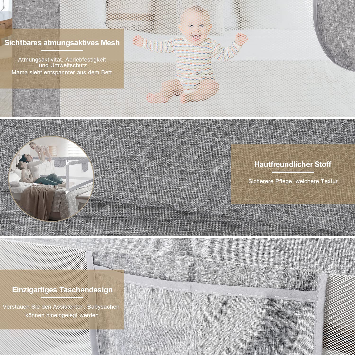 Bettgitter 200 x 80cm, Bettschutzgitter Rausfallschutz Bett Klappbar für Kinder & Elternbetten, Kinderbettgitter mit luftiges Netz einfache Montage, Hoch 64 bis 96cm, Grau