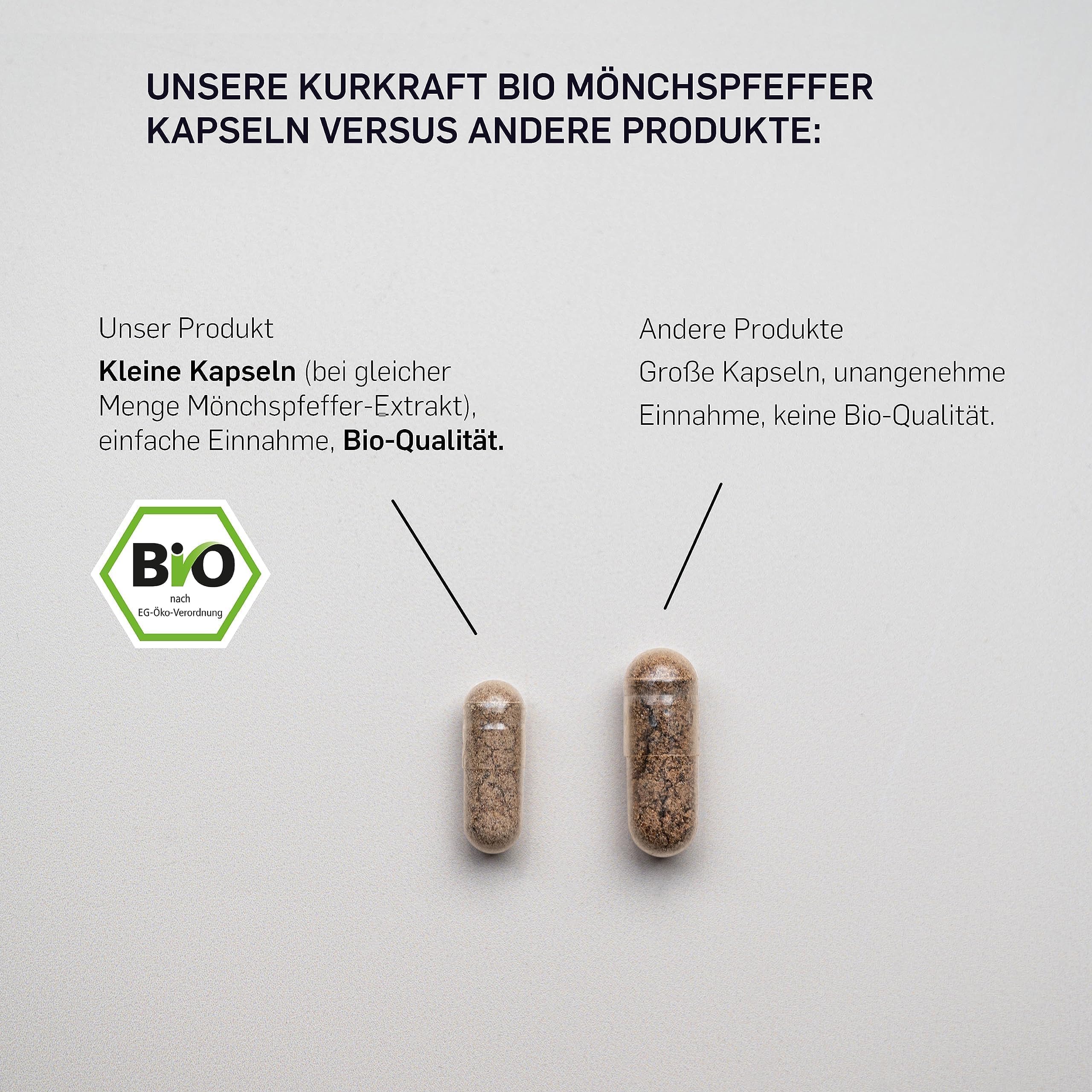 KURKRAFT BIO Mönchspfeffer Kapseln hochdosiert (4:1 Extrakt) - besonders kleine Kapseln - Echter Bio Vitex Agnus Castus - aus ökologischer Landwirtschaft - sorgfältig in Deutschland produziert