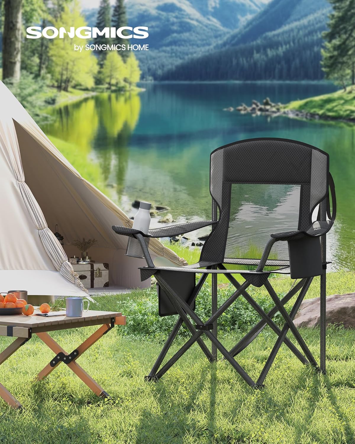 SONGMICS Camping Chair, Folding Oversized Chair, Comfortable and Heavy-Duty, 352 lb Weight Capacity, Adjustable Armrests with Cooler Bag, Storage Bag, Breathable Mesh, Ink Black UGCB060B01