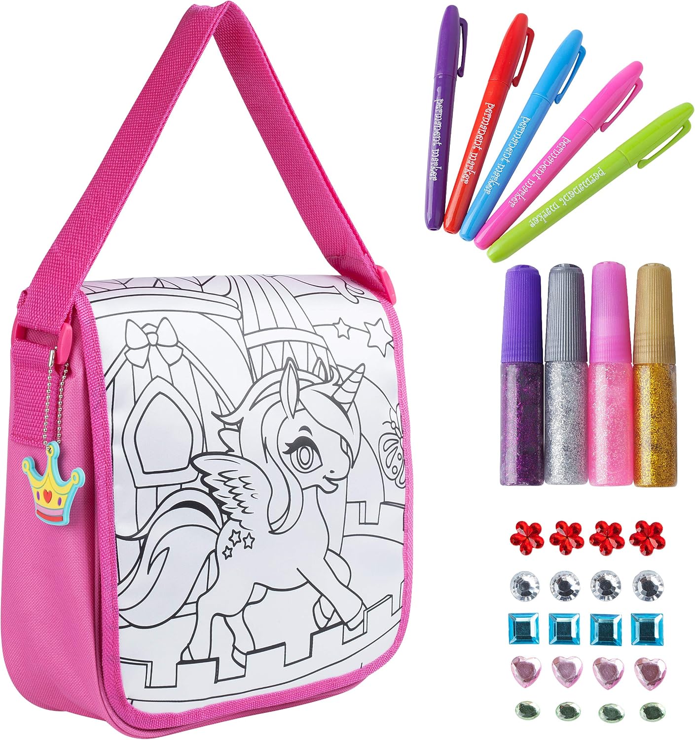 Dazmers Magical Unicorn Stuffed Animals Gift Set - 15" - Plush Unicor with Pink Sunglasses, Purse, Sparkling Gem Stones, Glitter, and 5 Markers - Perfect for Girls Who Love Unicorns, Stuffed Plushie