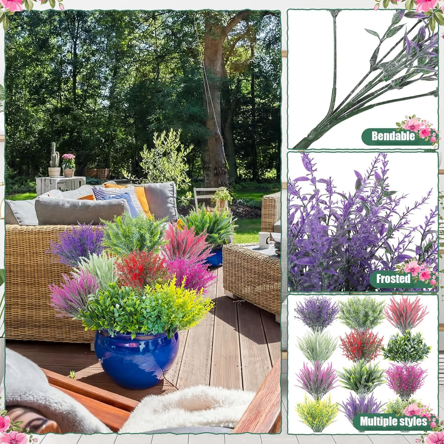 Zeyune 36 Bundles Artificial Flowers Flocked Plastic Flowers Artificial Frosted Green Plants UV Resistant Fake Realistic Eucalyptus Violet Lavender Plants for Home Wedding Kitchen Garden Patio Decor