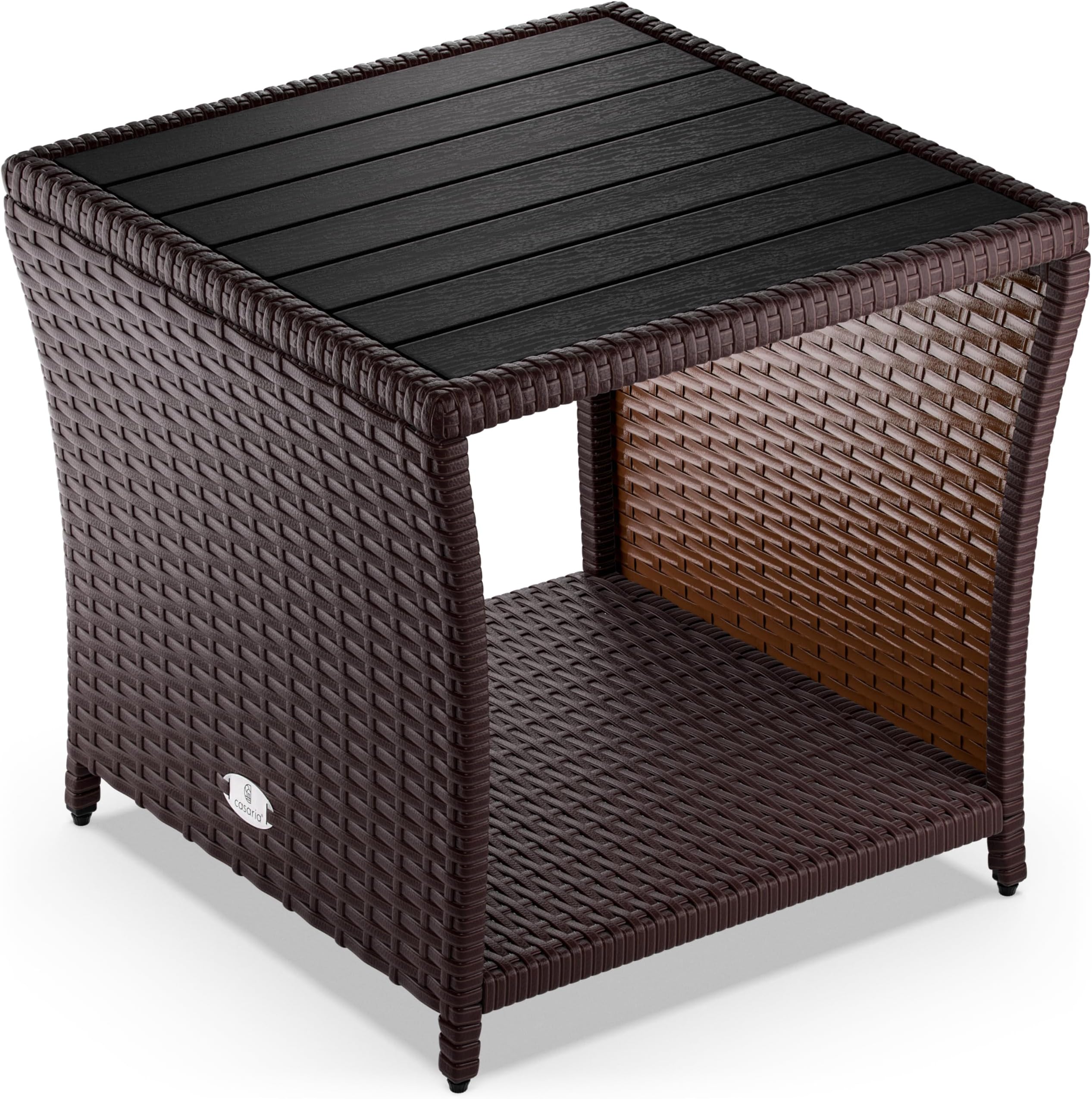 Polyrattan Side Table with WPC Table Top 45 x 45 x 40 cm 80 kg Load Capacity Weatherproof Outdoor Garden Patio Balcony Table Garden Furniture Brown