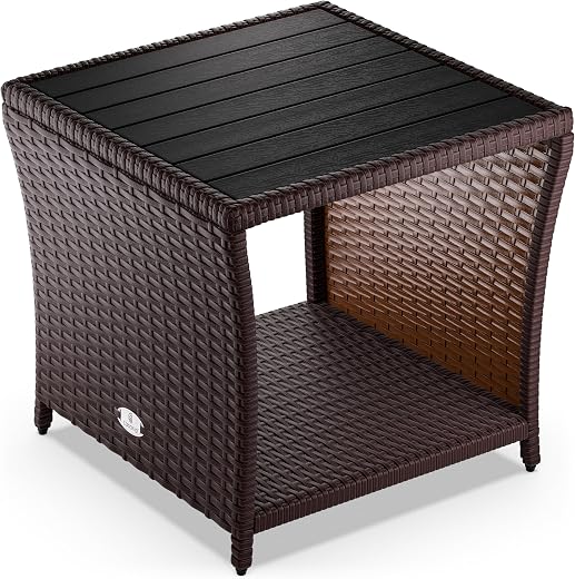 Casaria® Polyrattan Beistelltisch mit WPC Tischplatte 45x45x40cm 80 kg Belastbarkeit Wetterfest Outdoor Garten Terrasse Balkon Tisch Gartenmöbel Creme