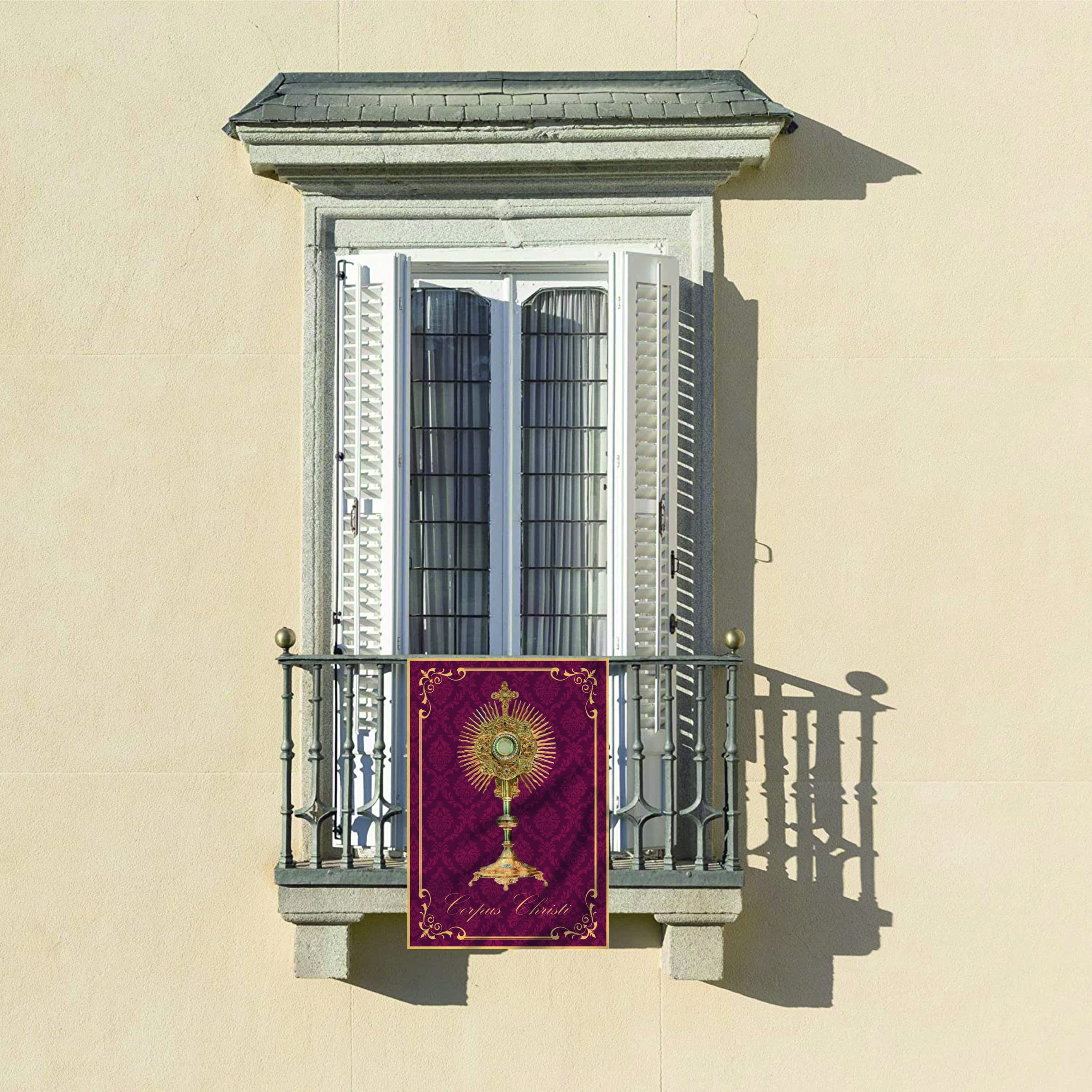 Porras E&B Balconera Colgadura Corpus Christi Semana Santa Religiosa en Tela con lazos 70x100 cm Damasco Rojo