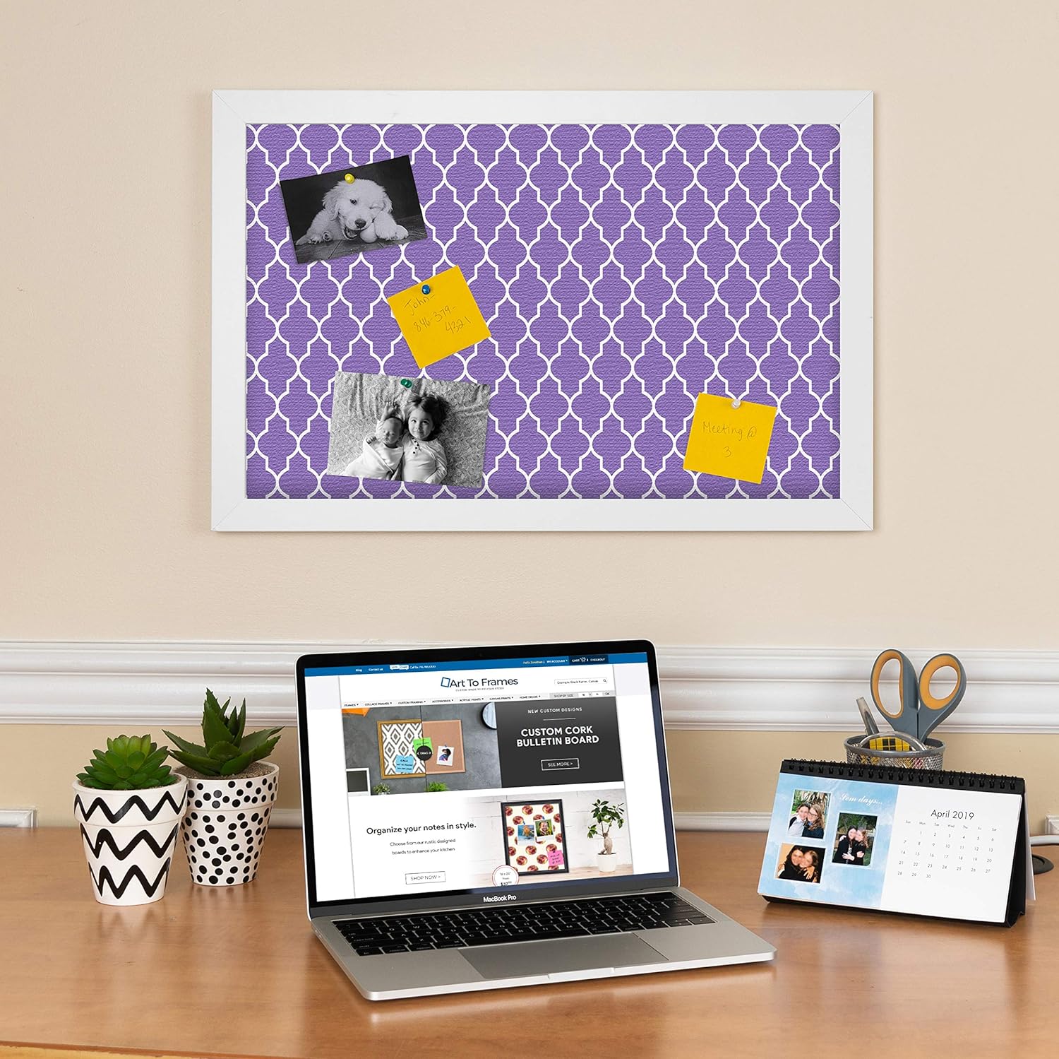 PinPix 16x16 Custom Cork Bulletin Board Quatrefoil Purple Poster Board with a Canvas Style Photo Board, Framed in Satin White Frame (PinPix-282)