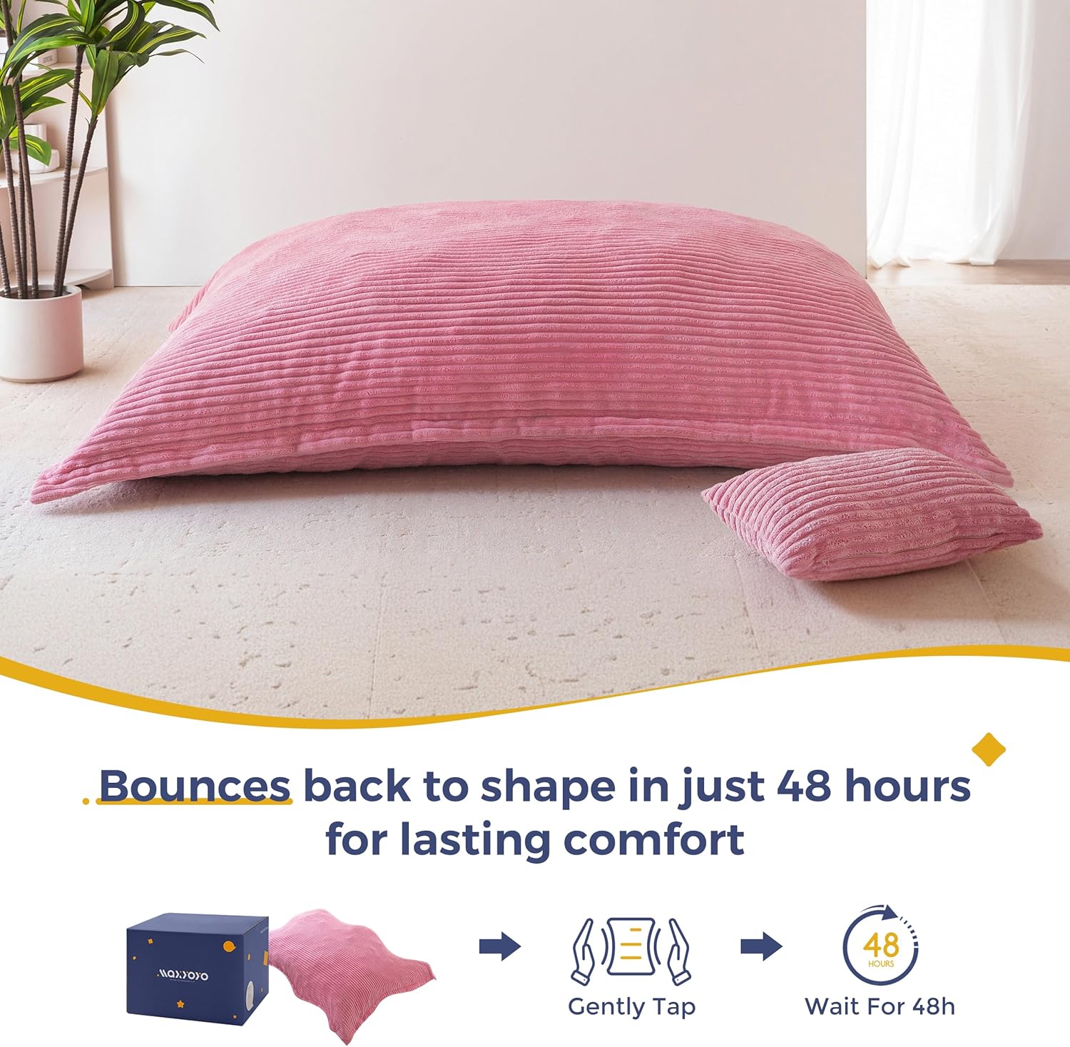 MAXYOYO Giant Bean Bag Chair with Pillow, 3 in 1 Convertible Bean Bag Chair for Adults with Washable Cover, Removable Floor Cushion Stuffed Floor Lounger for Living Room Bedroom, Pink, Full - Image 9