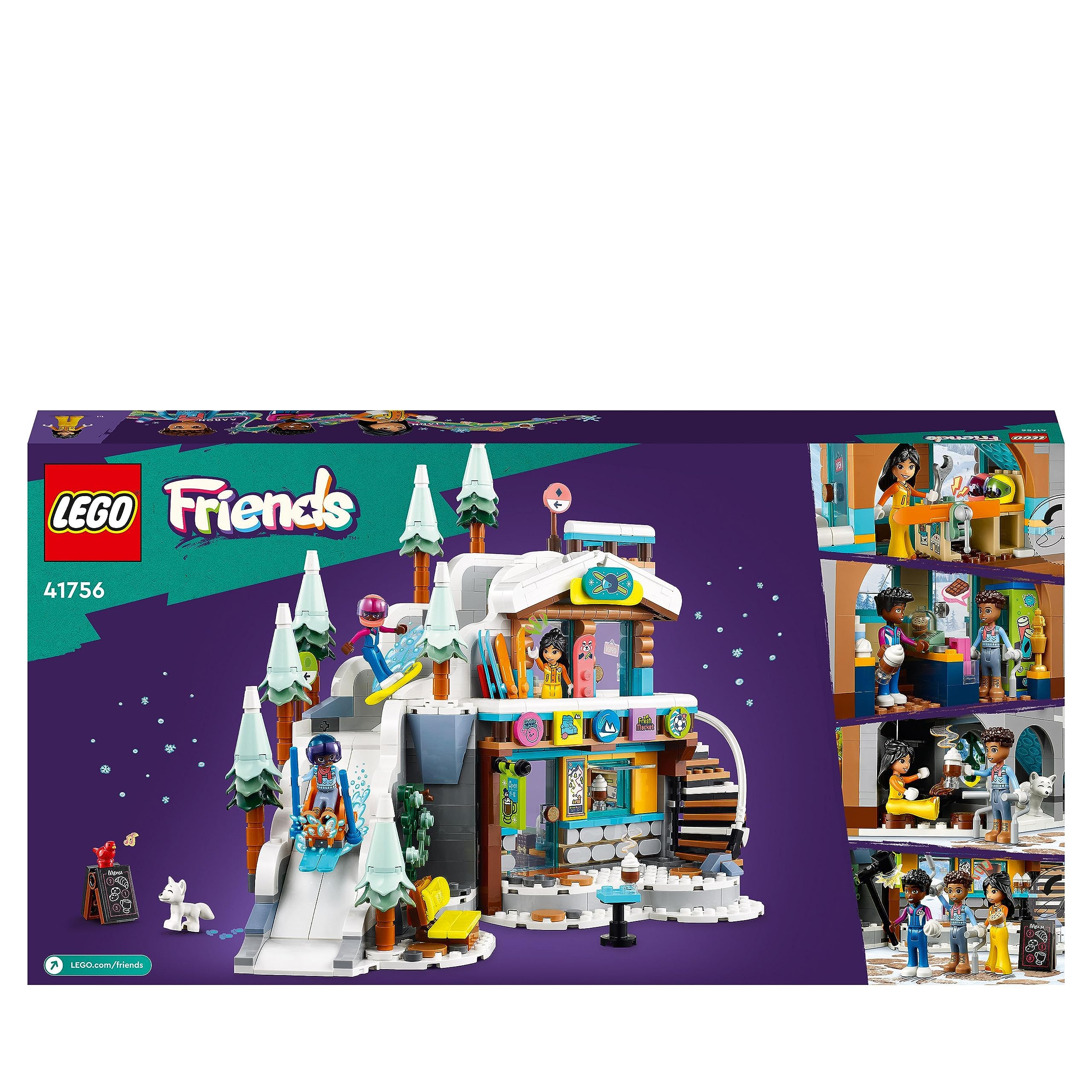 LEGO Friends Pista da Sci e Baita, Set Sport Invernali, Giochi per Bambine, Bambini, Ragazzi e Ragazze con Mini Bamboline di Liann, Aron e Zac e Figura Di Animale Fox, Regalo Creativo per Natale 41756