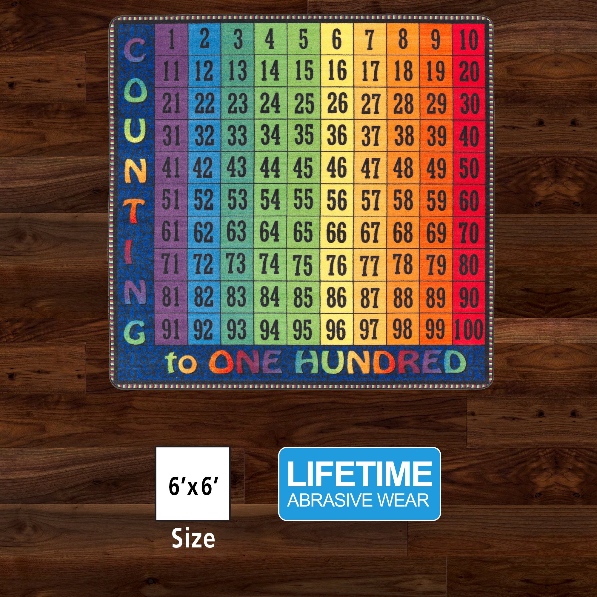 Flagship Carpets Counting Number Multicolor Educational Square Rug for Kids Playroom, Nursery Room Mat, Home Learning Area, and Classroom Carpet, 6' x 6', Counting to 100