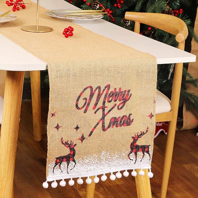 N&T NIETING Christmas Table Runner, 12 x 108 inch Rustic Burlap Table Runner Christmas Decorations, Merry Christmas Hessian Table Runner for Farmhouse Wedding Party Dining Table Home Decor