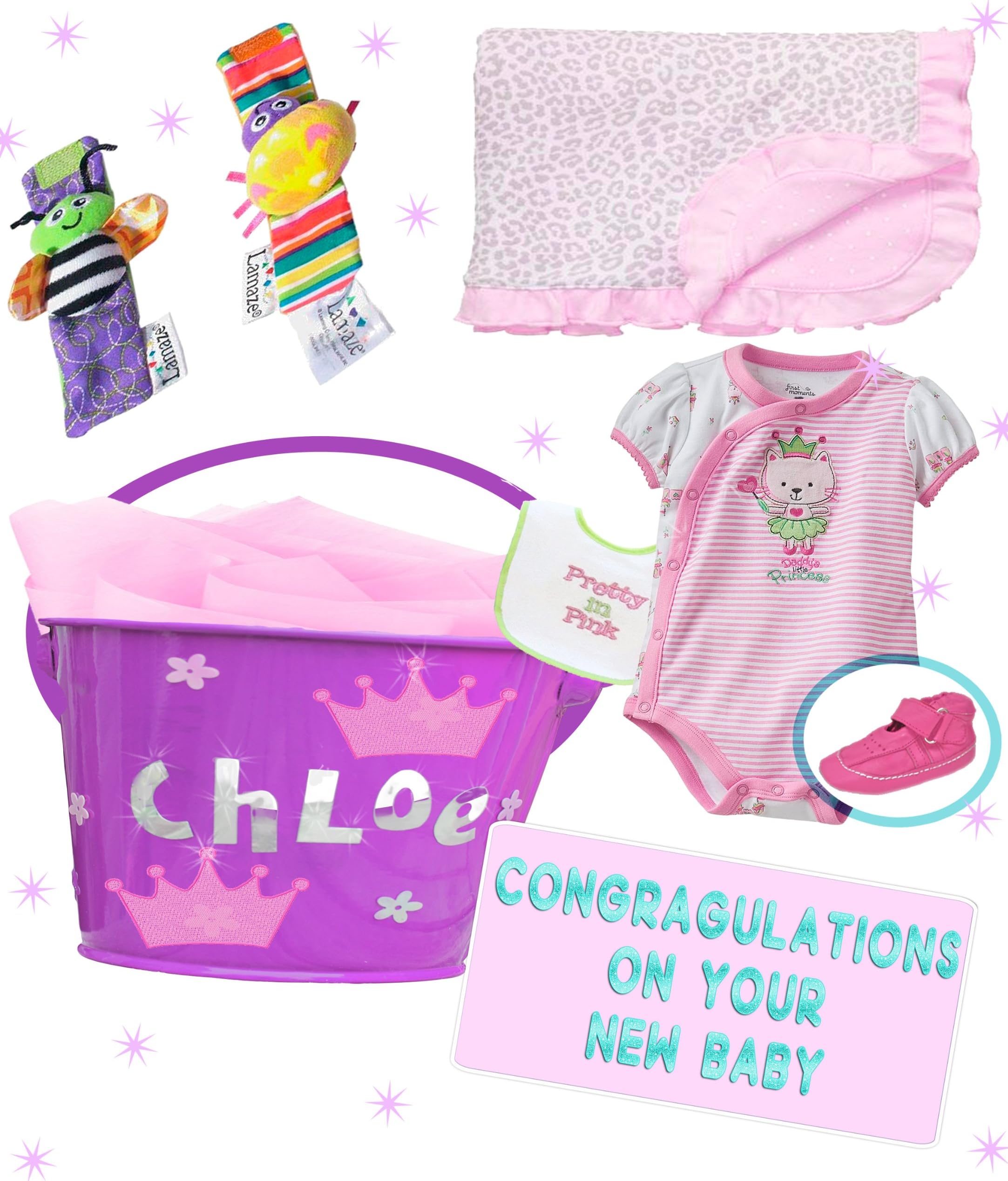 Little Moments™ Baby Girl Personalized Gift Basket, 8 Piece Deluxe Gift Basket, Pink, Size: Newborn to 6 months