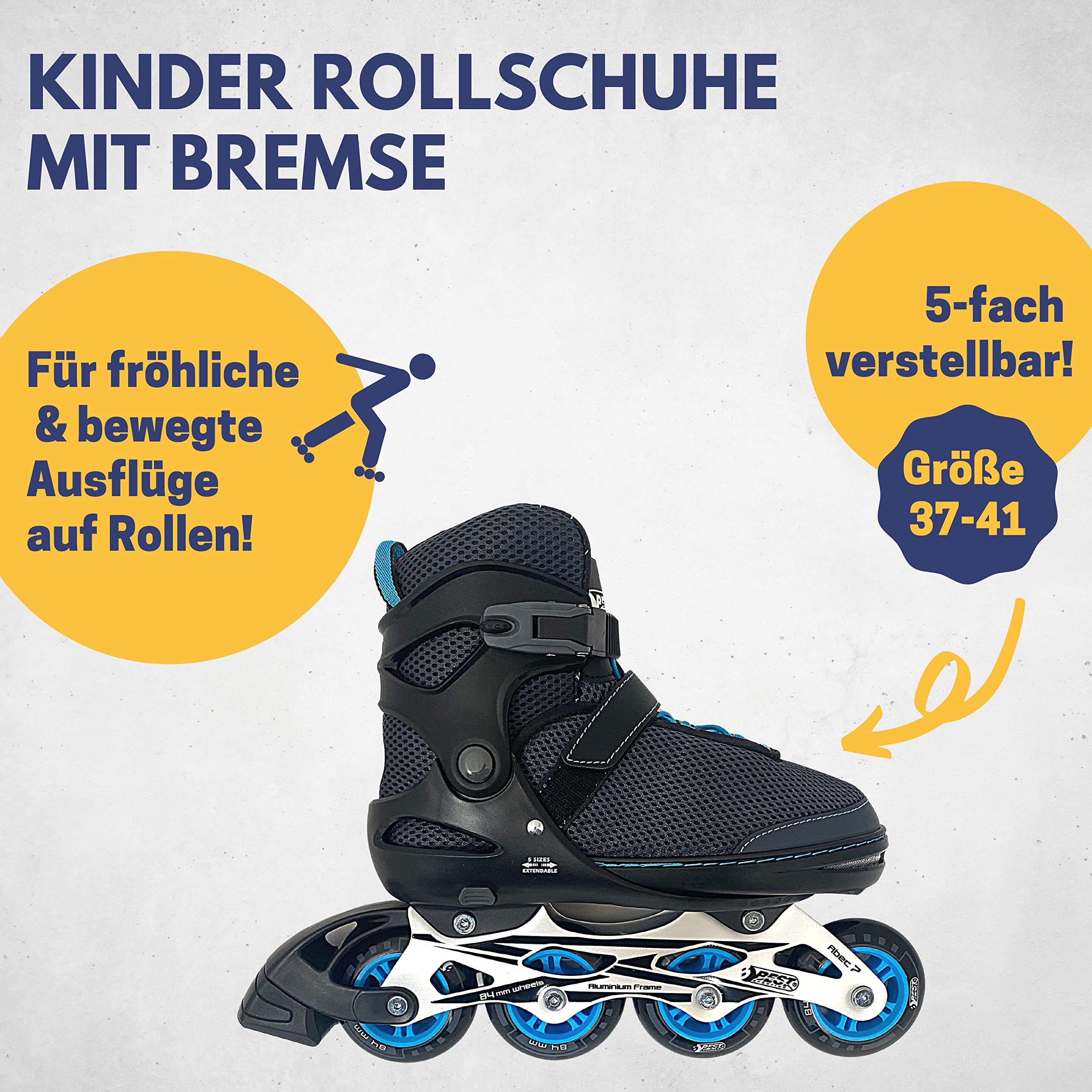 Best Sporting Rollers en ligne pour adultes et adolescents - Taille 37 à 41 I - Réglable en largeur jusqu'à 6 mm - Inliner robuste avec frein I bleu I Rollers Chaussures I Rollers avec 4 roulettes