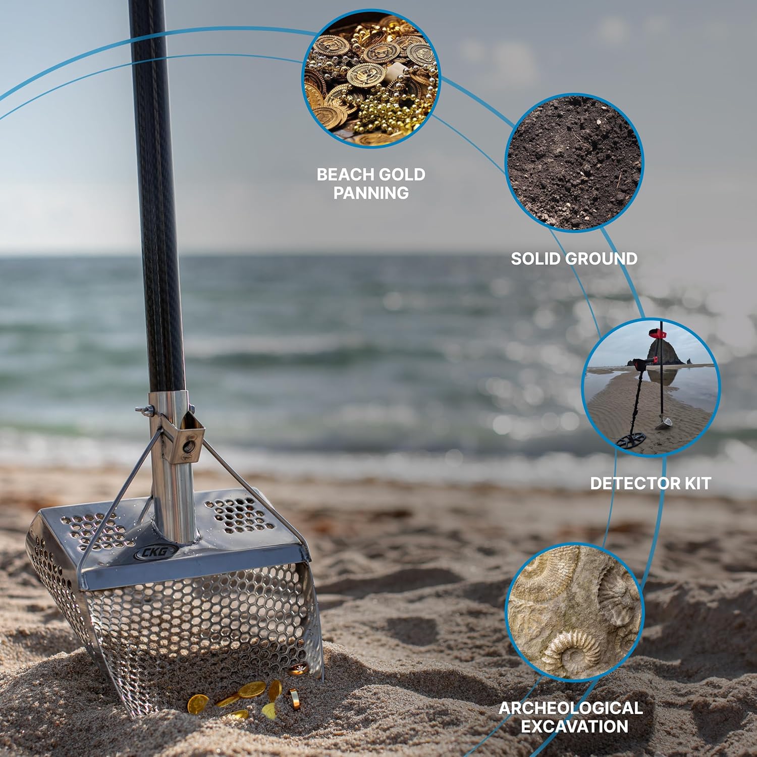 CKG Sand Scoop for Metal Detecting Heavy Duty Sand Sifter Scoop Stainless Steel 304, Metal Detector Scoop Shovel for Treasure Hunting Metal Detector Accessories, 11x8 with Handle