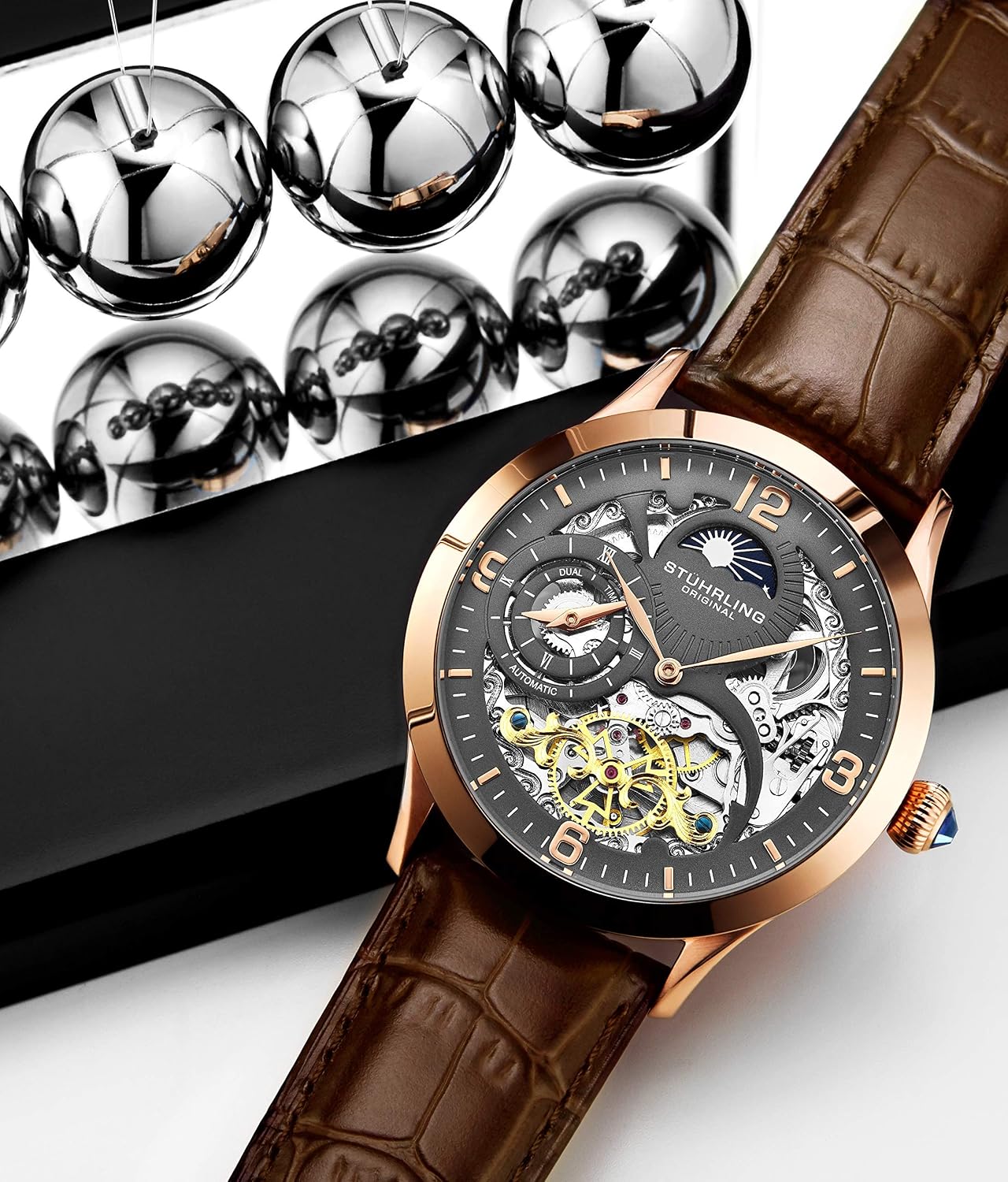 Stührling Original Automatic Watch for Men Skeleton Watch Dial, Dual Time, AM/PM Sun Moon, Leather Band, Mens Watches Series