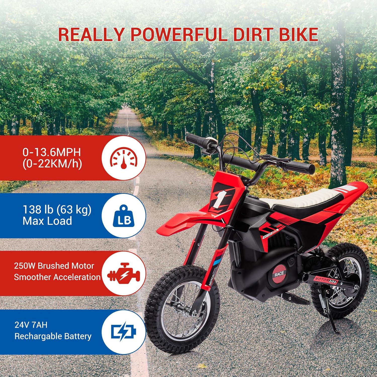 GarveeLife 24V Kids Ride On Electric Off-Road Motorcycle,250W Motor 13.6MPH Fast Speed Dirt Bike Motocross,Leather Seat,Twist Grip Throttle,Metal Suspension,Air-Filled Tires for Kids Riding Toy, Red