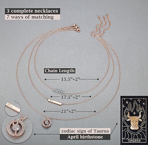 Miniatura 9 de Delicados collares del zodiaco en capas para mujer chapado en oro rosa de 18 quilates collar multicapa con colgante en Y horóscopos de cristales de
