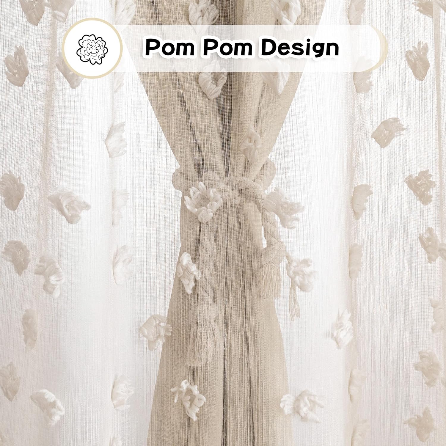 MYSKY HOME Beige Boho Curtains for Living Room 84 Inches Long Blackout Bohemian Curtains 2 Panels Beige Pom Pom Sheer Thermal Insulated Rustic Grommet Privacy Room Darkening Window Drapes 52" x 84"