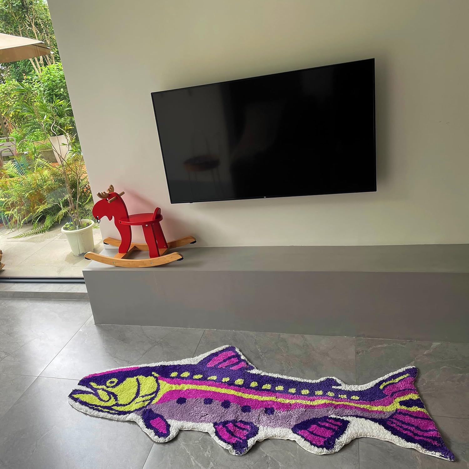 Vibrant Tufted Area Rug with Abstract Fish Design for Livingroom Bedroom 3D Patchwork Shag Moss Rugs Fluffy Kids Toddles Carpet Plush Shaggy Anti-Slip Nursery Mats Balcony, Patio Pet Turf 2.6x6.1ft