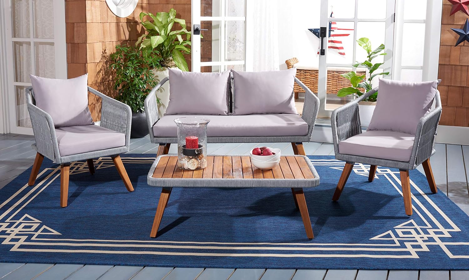 SAFAVIEH Outdoor - Raldin Grey Rope 4-Piece Patio Set, Eucalyptus Wood Conversation Set with Cushions, Outdoor Sofa, Chairs & Coffee Table (PAT7049C)