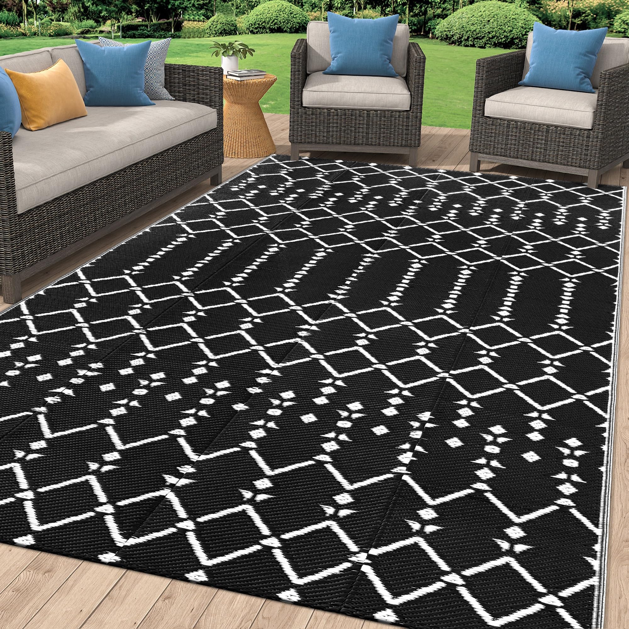 Homaxy Outdoor Rug 150x240cm, Waterproof Reversible Plastic Straw UV-Resistant Garden Mat, Foldable Boho Anti-slip Area Rugs for Patio, Camping, Picnic, Balcony, Backyard, Black & White