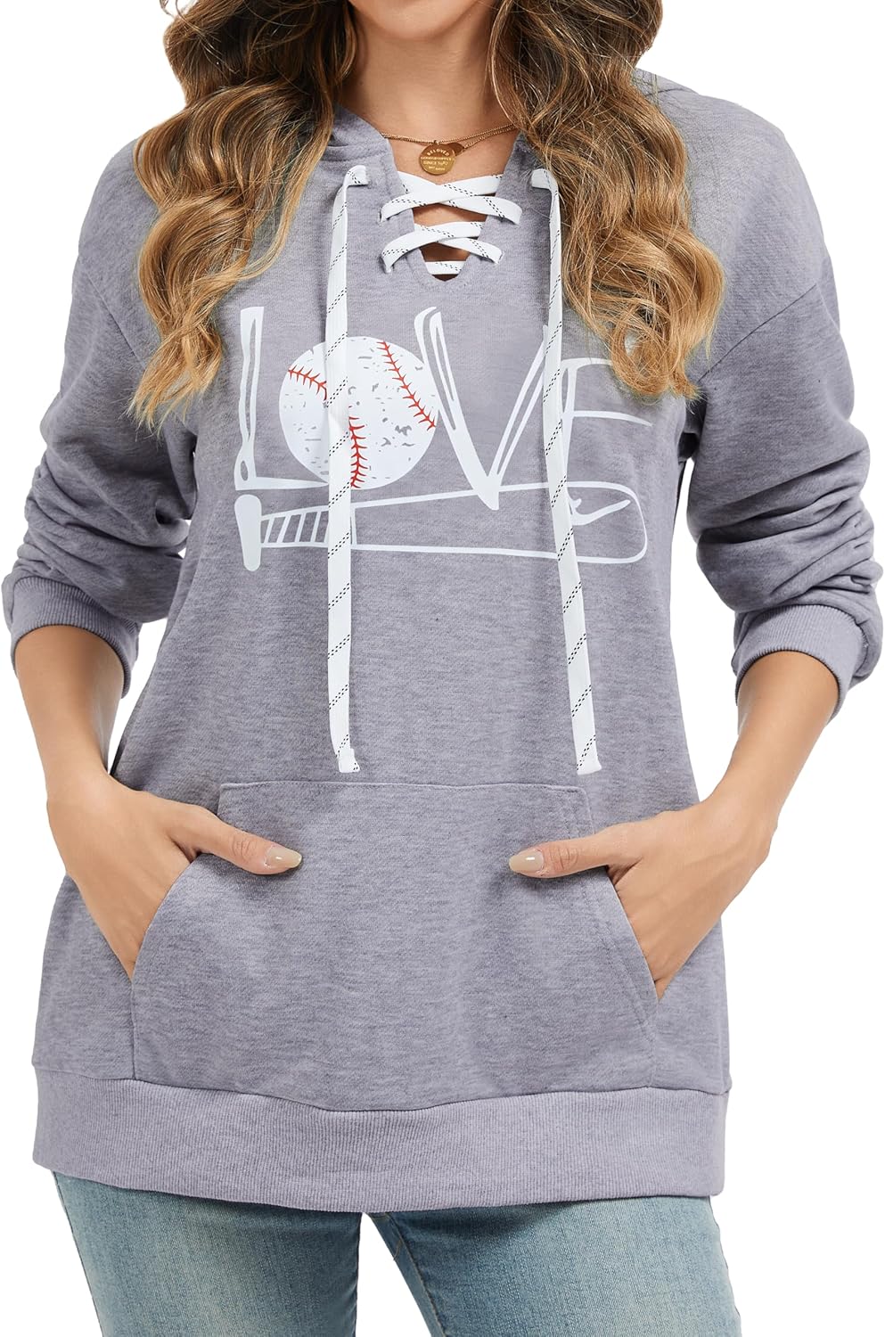 Women's V Neck Long Sleeve Baseball Hoodie Sweatshirt Pullover Loose Mom Shirt - Image 2