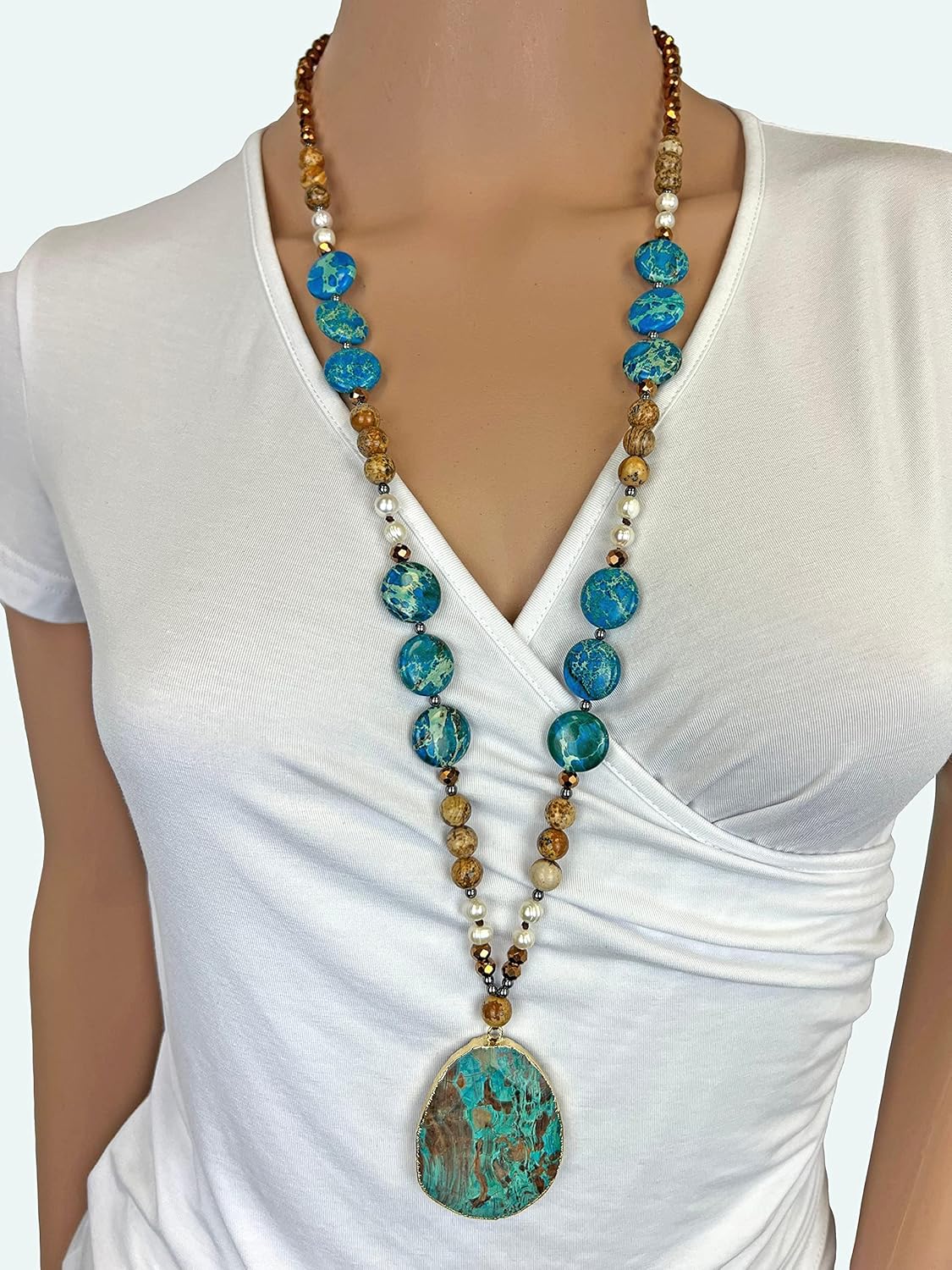 MGR MY GEMS ROCK! Genuine Stone Imperial & Picture Jasper Long Necklace with Pendant, 31" Long.