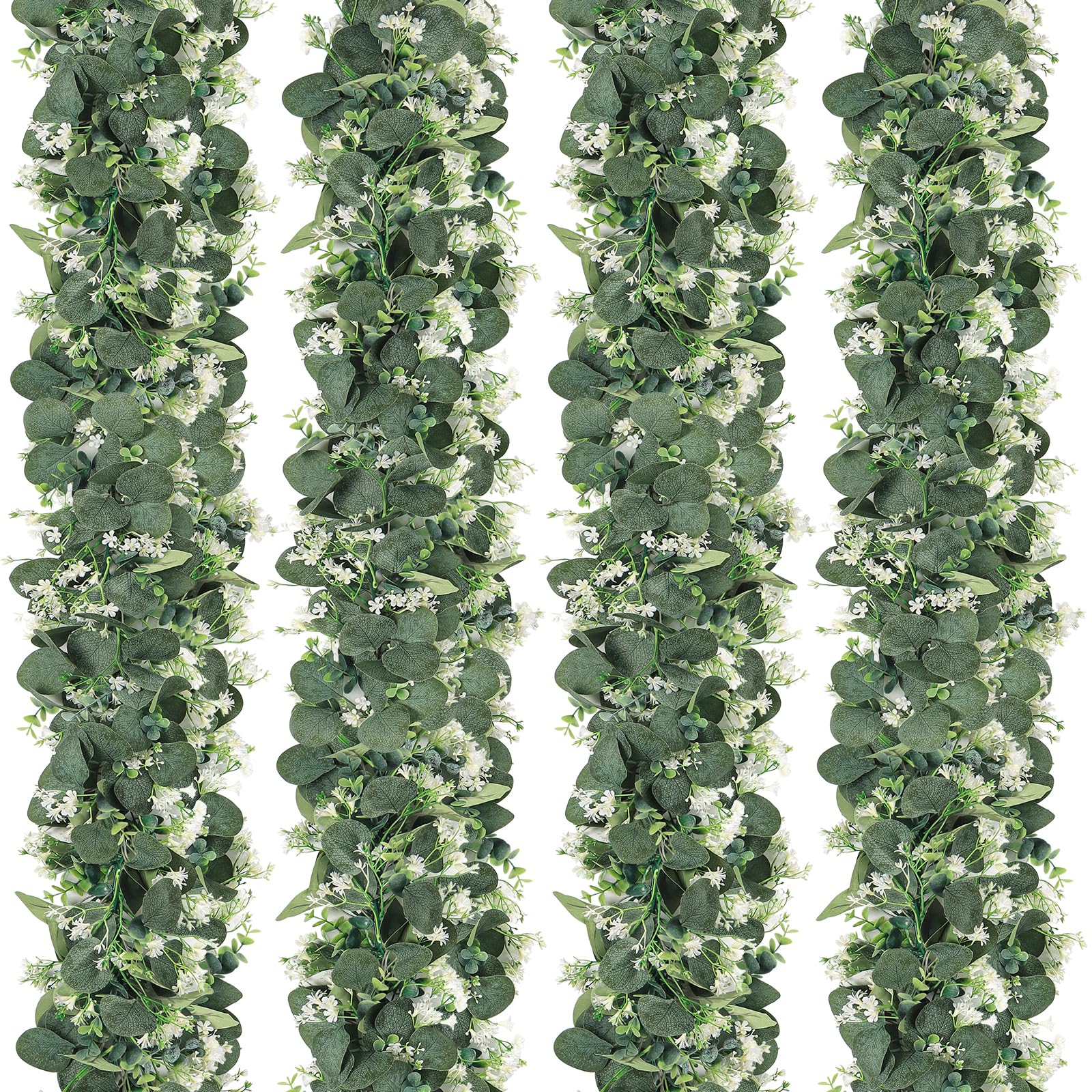 SOMYTING 4 guirnaldas de eucalipto artificial con flores blancas, dólar de plata, guirnalda verde, planta artificial, camino de mesa de eucalipto para fondo, boda, decoración de mesa