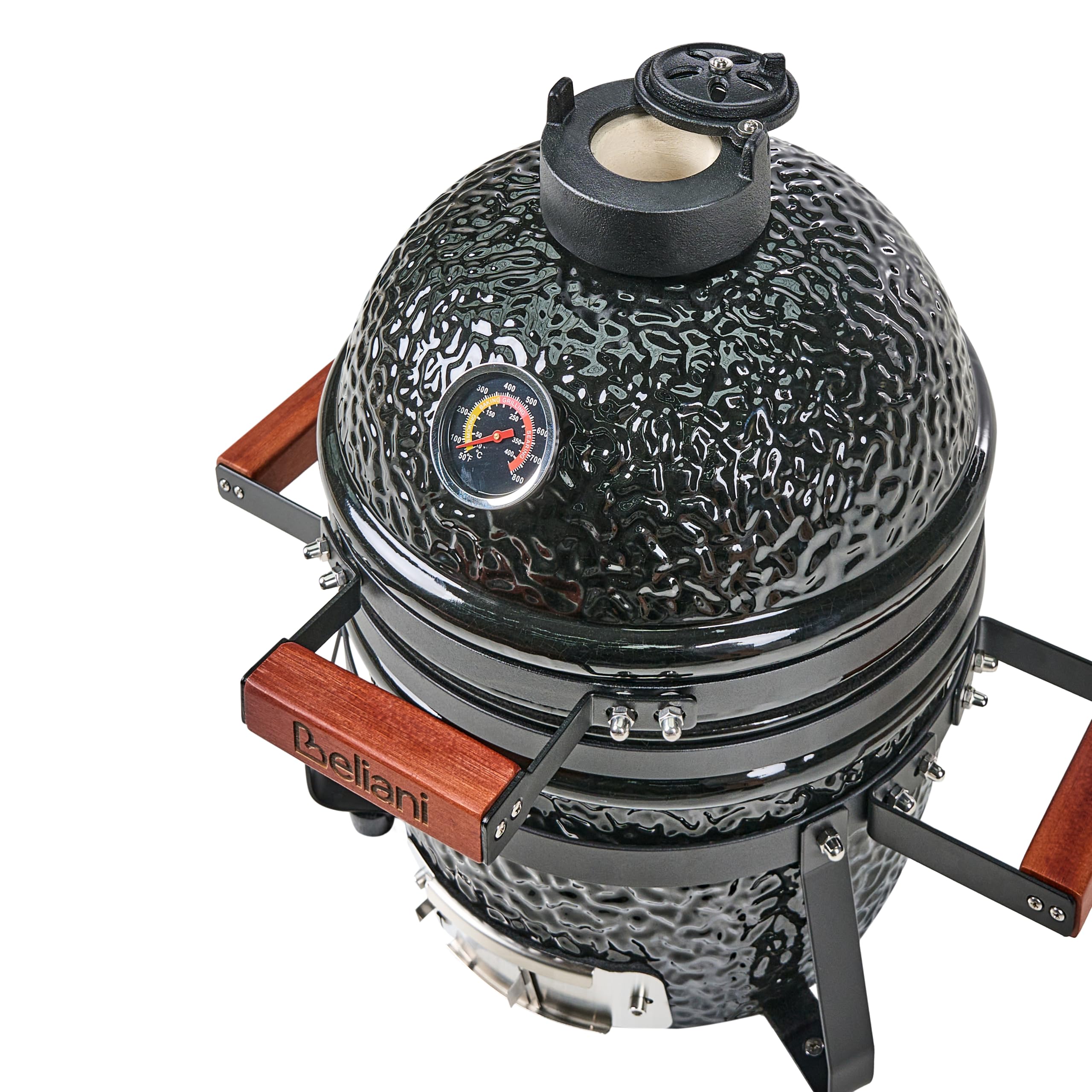 Ogrodowy mini grill węglowy ceramiczny przenośny z pokrywą termometerem rusztem czarny Kamado