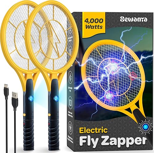 Matamoscas eléctrico Juego de 2 Raqueta de mano para interiores y exteriores, matamoscas de 4000 voltios, matamoscas instantáneos y mosquitos con
