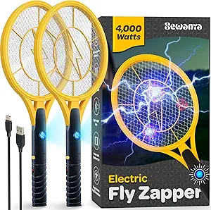 Electric Fly Swatter [Set of 2] Handheld Bug Zapper Racket for Indoor/Outdoor - 4000 Volt Swatter - Instant Bug & Mosquito Killer with Attractant LED Light - USB Rechargeable Portable Fly Zapper.