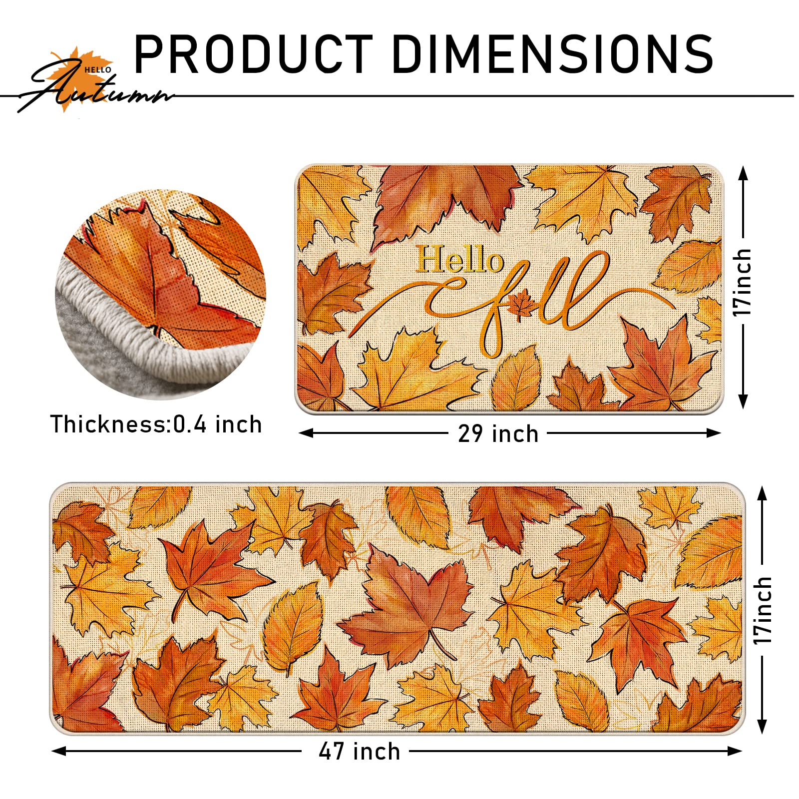 Tailus Hello Fall Maple Leaves Kitchen Rugs Set of 2, Autumn Leaf Farmhouse Kitchen Mats Seasonal Decor, Thanksgiving Rustic Floor Door Mat Home Decorations - 17x29 and 17x47 Inch
