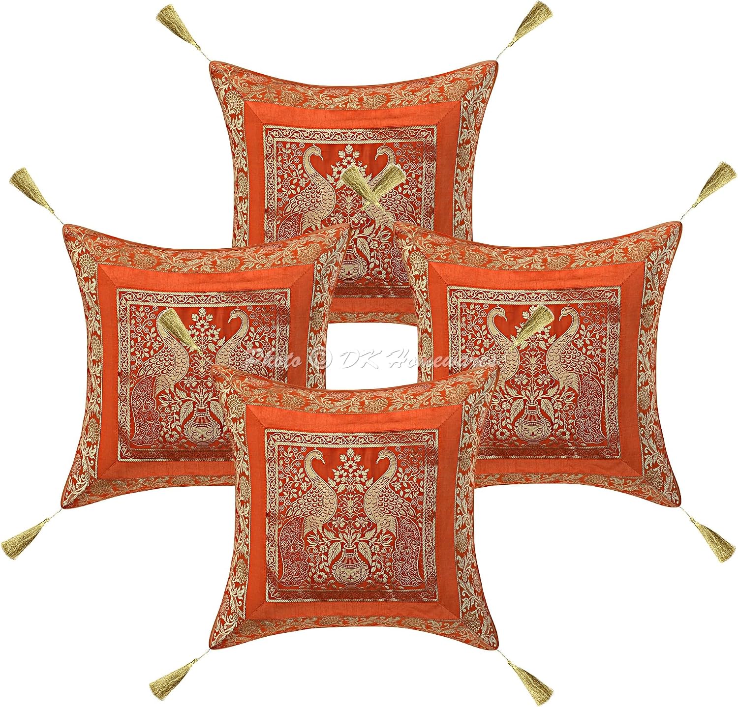Decorative Throw Pillowcases 18x18 Inch Brocade Jacquard Weave Indian Square Peacock Cushion Covers (Size - 45x45 cm ; Color: Orange & Gold) - Set of 4 Pcs (Cover Only)