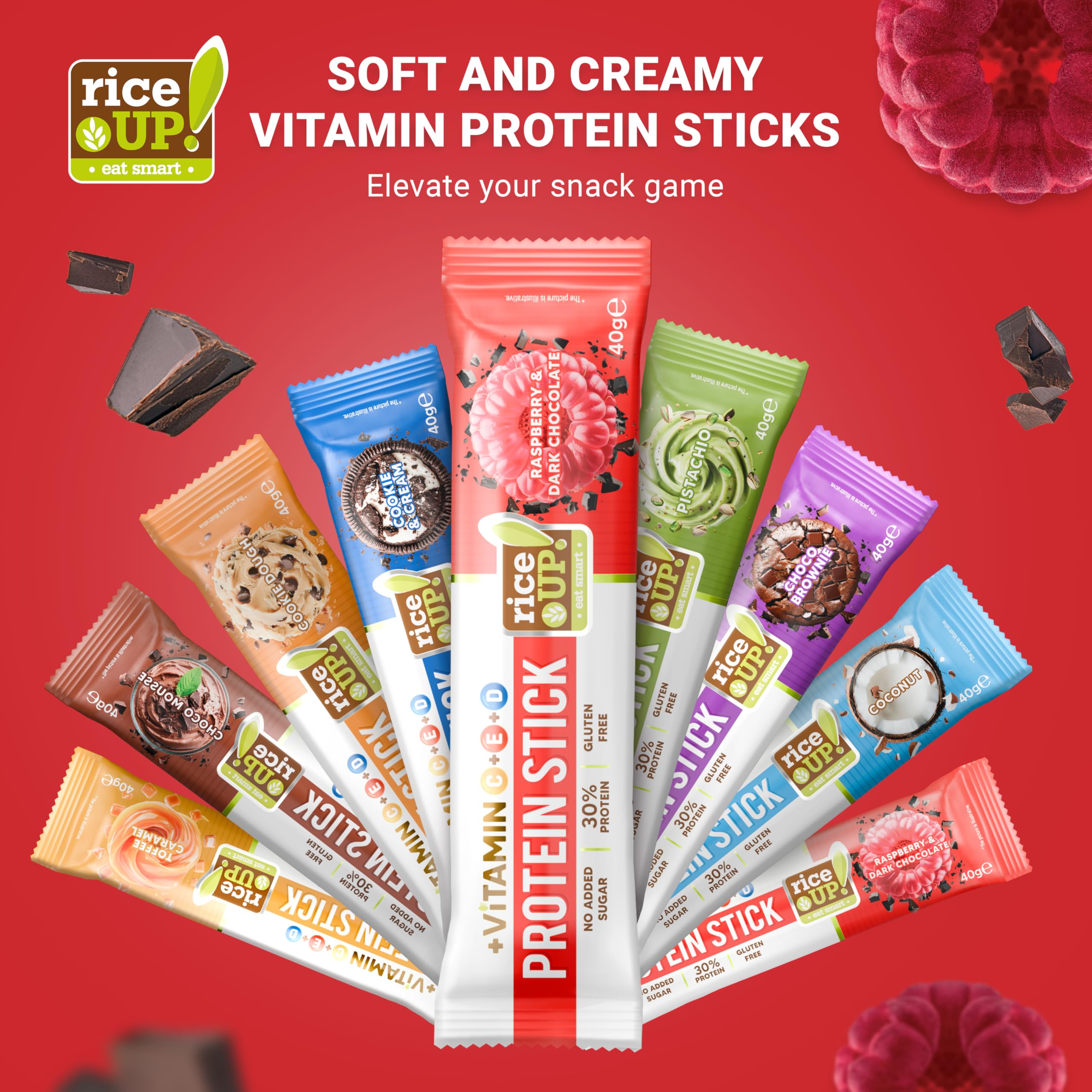 RiceUP! Barre Proteinee | Cookie & Cream, Framboise | 30 x 40 g