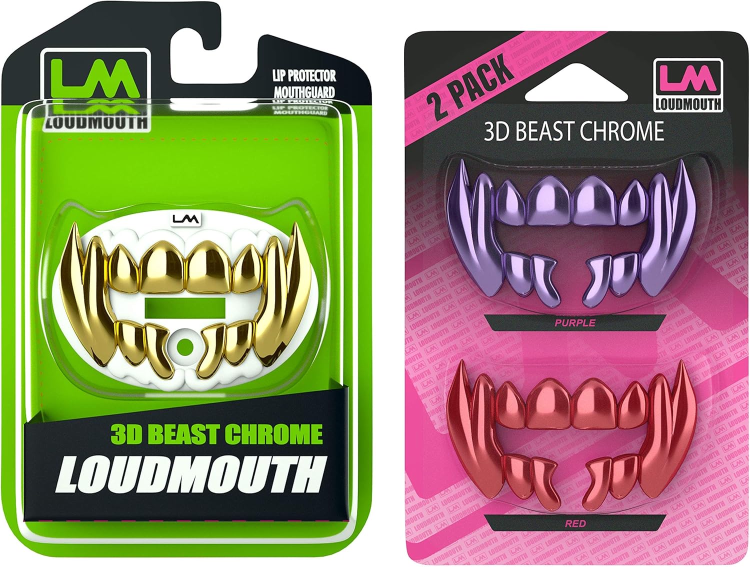 Loudmouth Football 3D Beast White & Gold Chrome Mouth Guard & Loudmouth 3D Chrome Beast Purple & Red Blister Pack Bundle : Sports & Outdoors