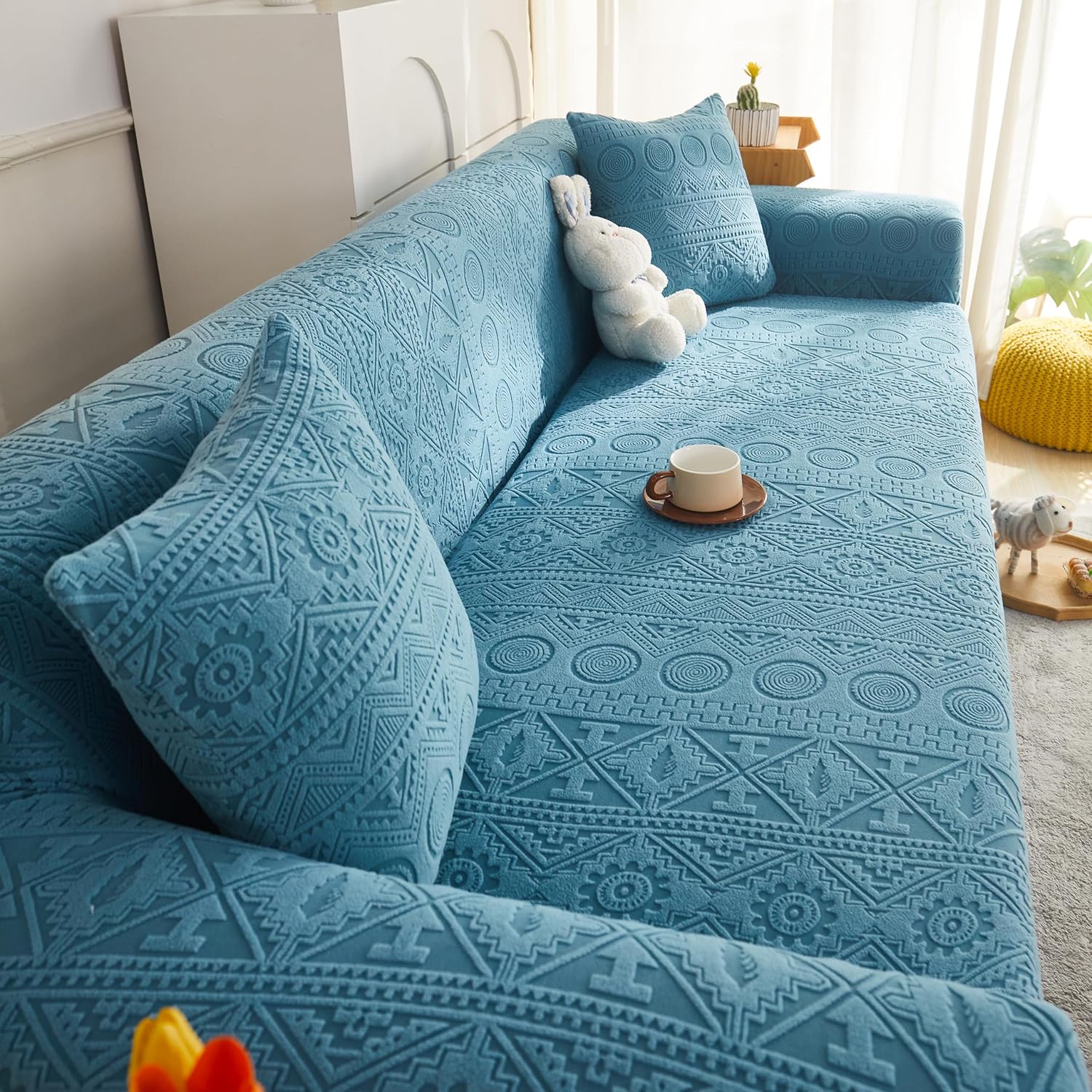 vctops Bohemian Geometric Jacquard Stretch Chair Sofa Slipcover Super Soft 1-Piece Plush Fleece Armchair Covers Anti-Slip Furniture Protector for Kids, Pet (Sky Blue,Chair)
