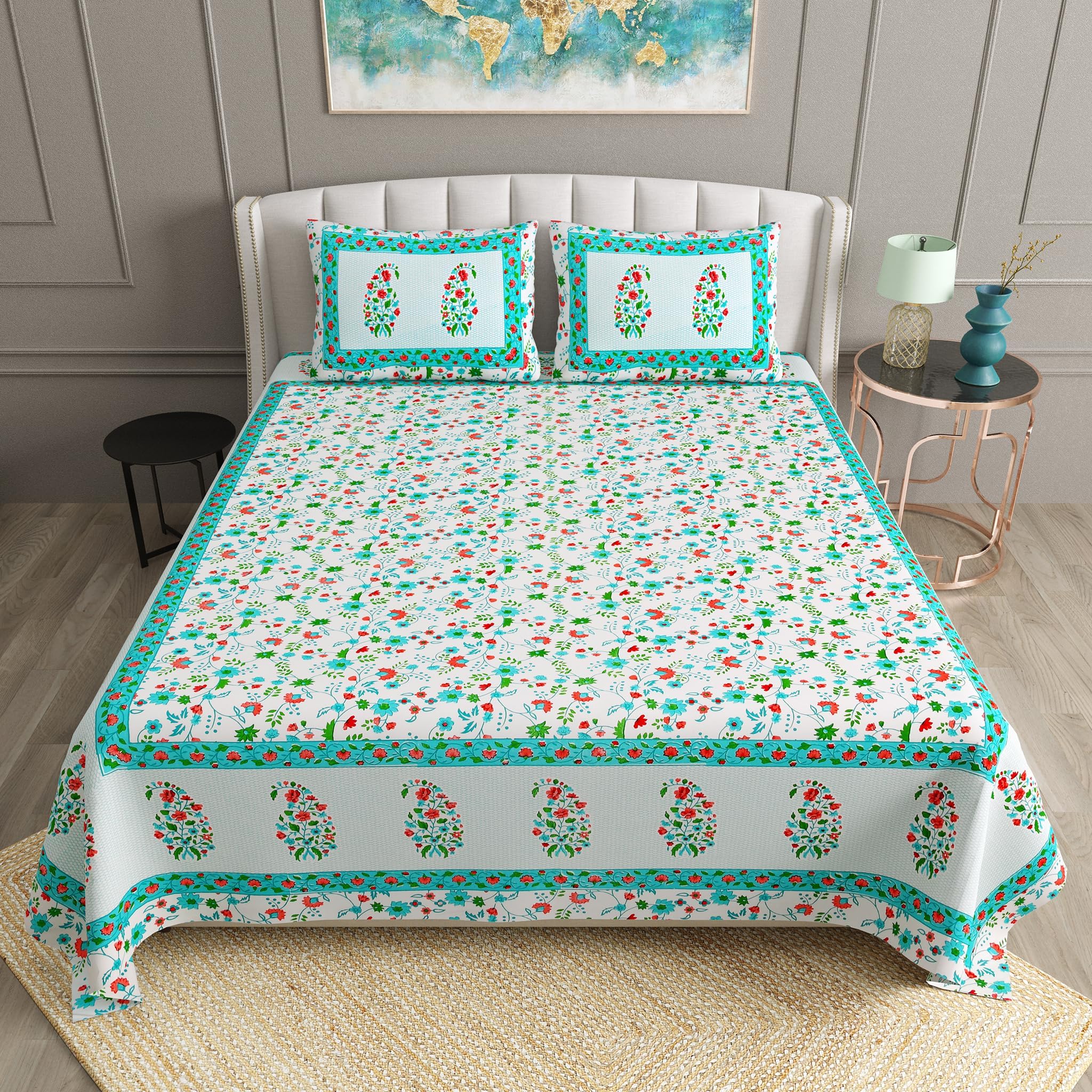Double King Size Bedsheet Set Cotton with 2 Pillow Covers Floral Design Cyan Colour - Ethnic Collection