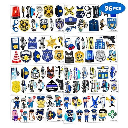 Miniatura 4 de Tatuajes de oficial de policía temática temporal decoración de fiesta de cumpleaños suministros de decoración lindas calcomanías de tatuaje 8 hojas