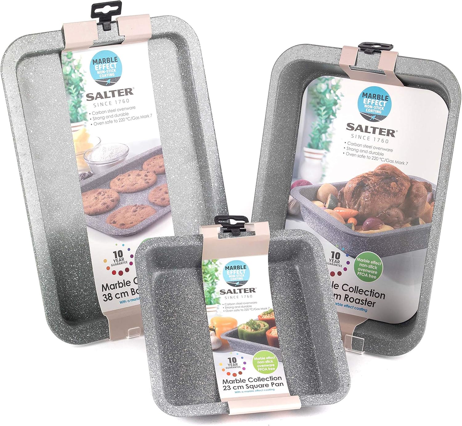 Salter Marblestone 3-Piece Baking Set - Non-Stick Oven Trays, Lightweight Carbon Steel, Easy Wipe Clean, Includes a 36cm Roaster, 37cm Baking Tray, 23cm Square Tray, Oven Safe to 220°C, PFOA Free