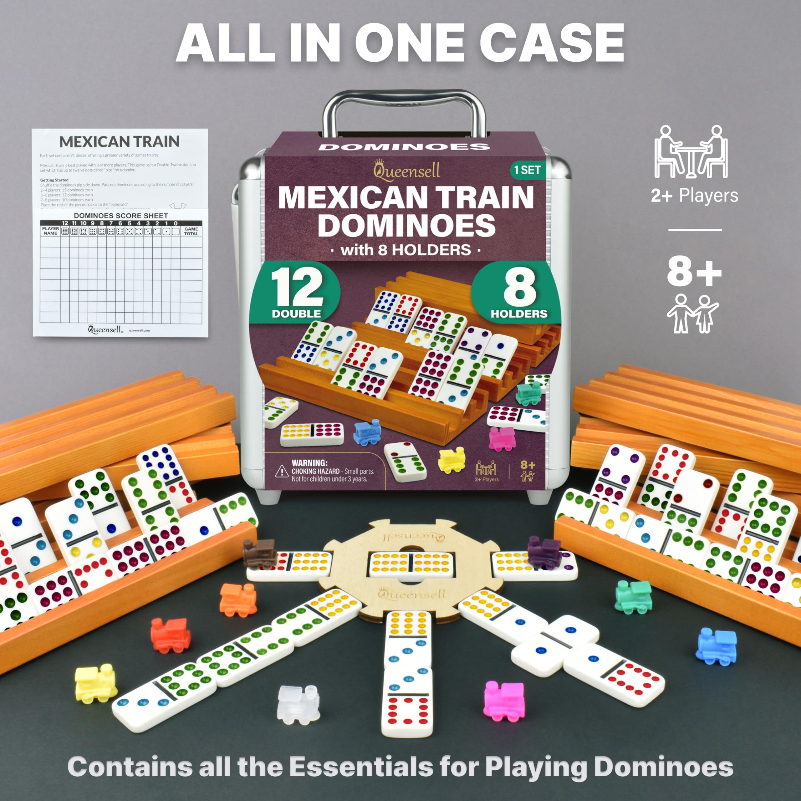 Queensell Mexican Train Dominoes Set including 8 Holders - Wooden Hub and Tiles Holders - Double 12 Tiles with Dots (D12 + 8 Holders) - Image 3